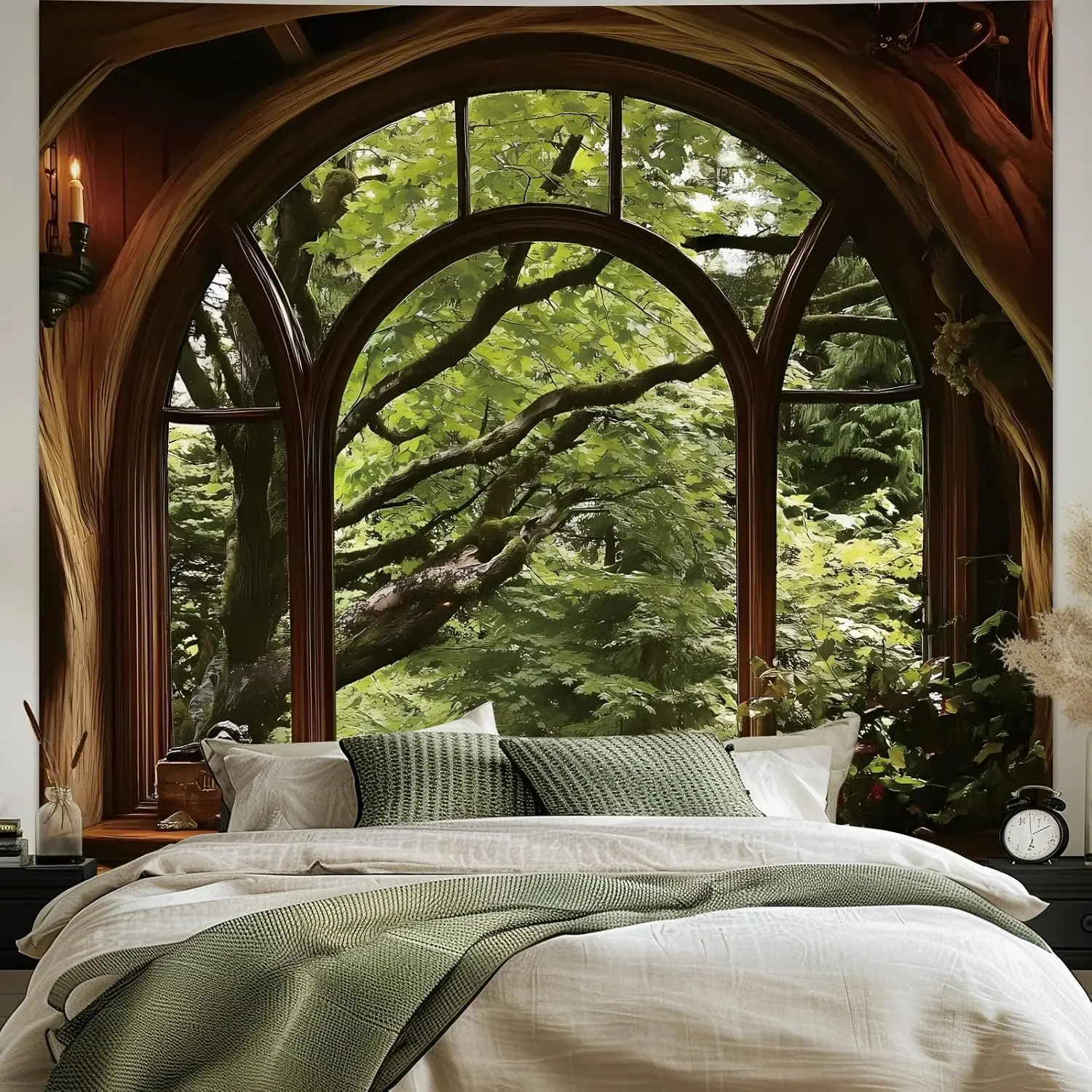 Apdidl Forest Window Tapestry for Bedroom, Nature Green Tree Medieval Large Wall Mural Tapestries Aesthetic, Vintage Outdoor Landscape Backdrop Wall Hanging for Living Room Curtain Decor