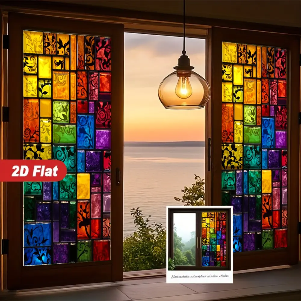 2D Plane Static Adhesive Colorful Glass Pattern Rectangular Decorative Sticker, Removable Window and Door Decoration, Easy to Apply