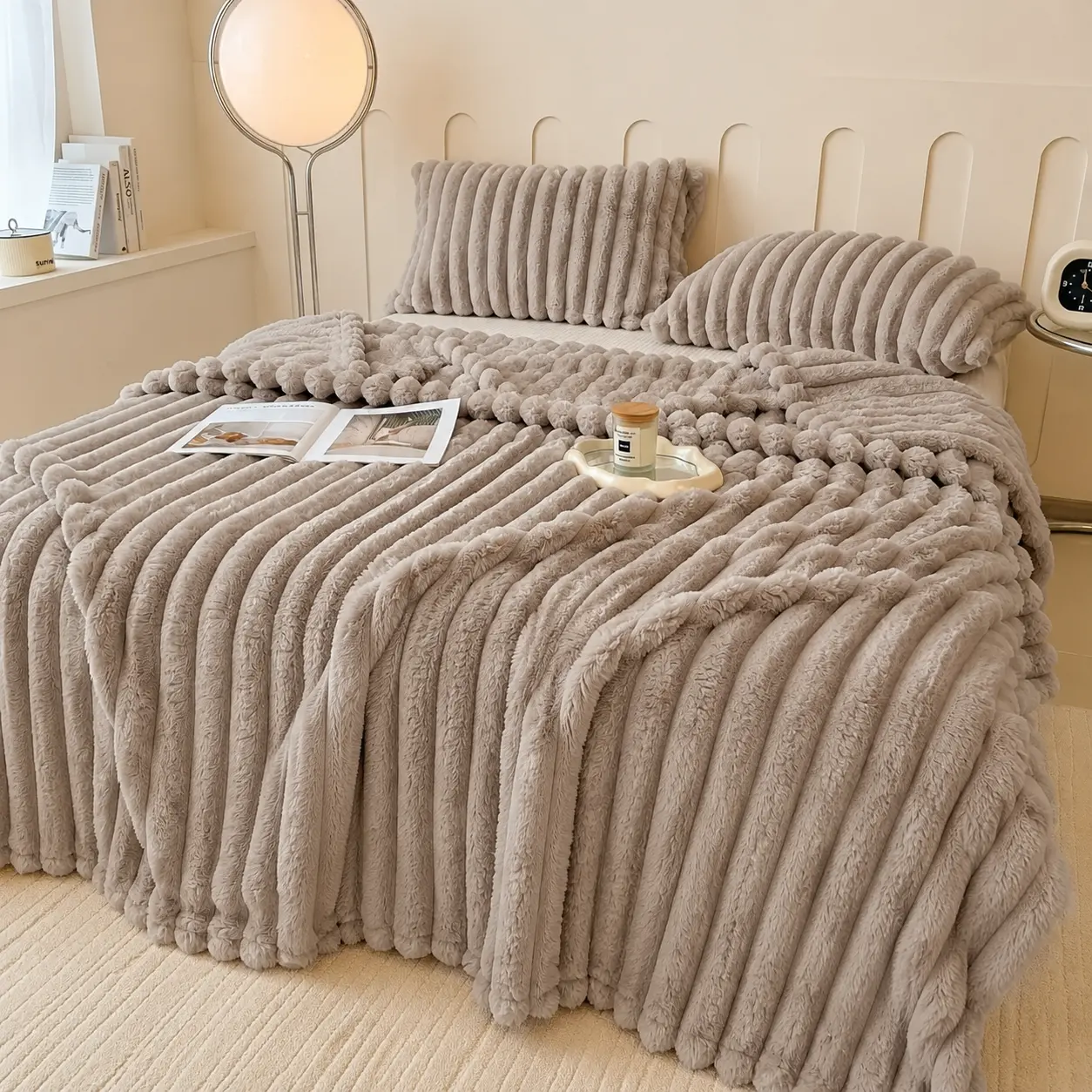 [Summer Sale Deals]Taupe Plush Ribbed Throw Blanket for Bed and Couch, Fuzzy Textured Blanket in Gray Beige, Cozy Bedroom Bedding Layer, Decorative Sofa Throw, Neutral Home Decor Accent for Dorm, Apartment, Living Room, Gifts, Winter, Movie Nights and Eve
