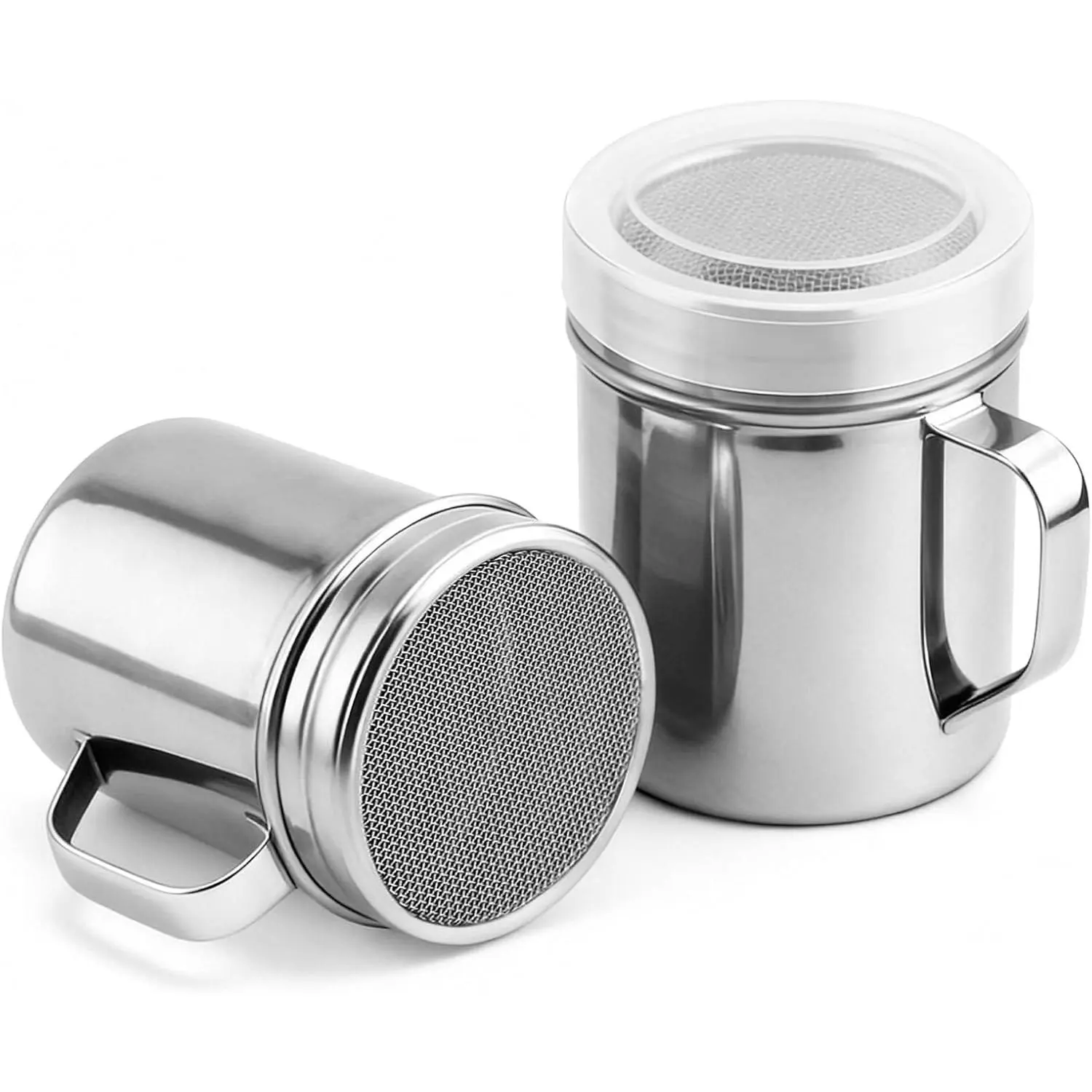 2 count 6oz Stainless Steel Powdered Sugar Shaker With Handle, Mesh Shaker  Cans with Plastic Lid, Fine Mesh Duster for Baking, Cooking, Desserts (Cinnamon, Cocoa, Flour)
