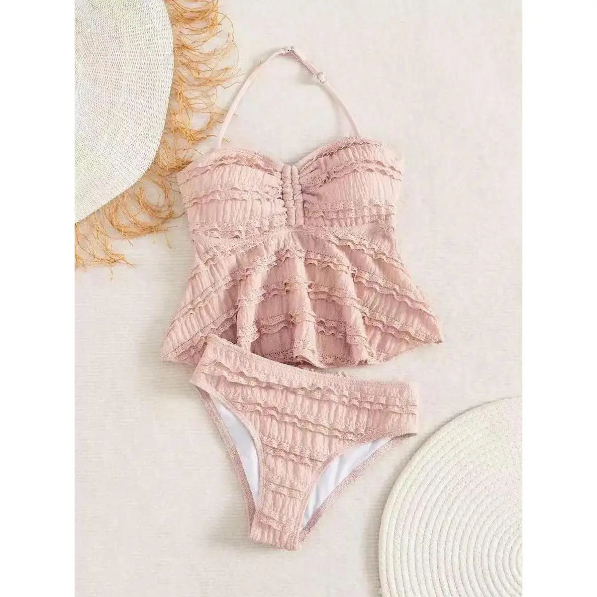 Girls' 7-16 Years Solid Color Jacquard Polyester 2-Piece Swimsuit - Kids' Teen Summer Beach Bathing Suit Set, Sizes 11-12,13-14,15-16, Two Piece Swimsuit