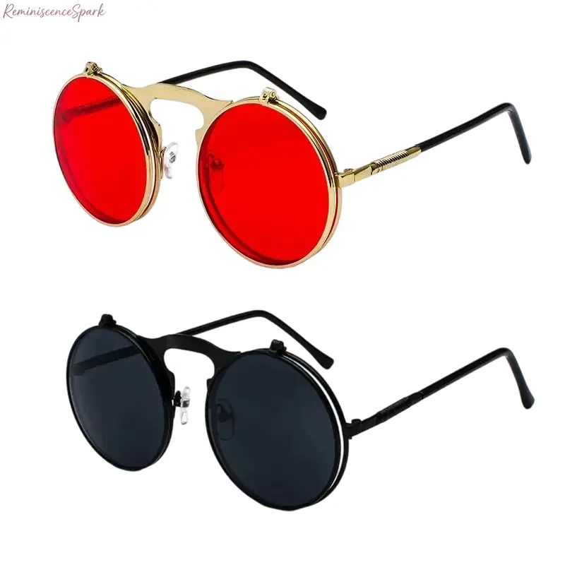 Men's 2-Pack Flip-Type Retro Round Metal Sports Sunglasses - Vintage Steampunk Aesthetic Eyewear, Unique Flip Design Daily Stylish Accessory, Ideal for Casual Outings, Party Looks, 2-Pack(1), Unisex Clothes