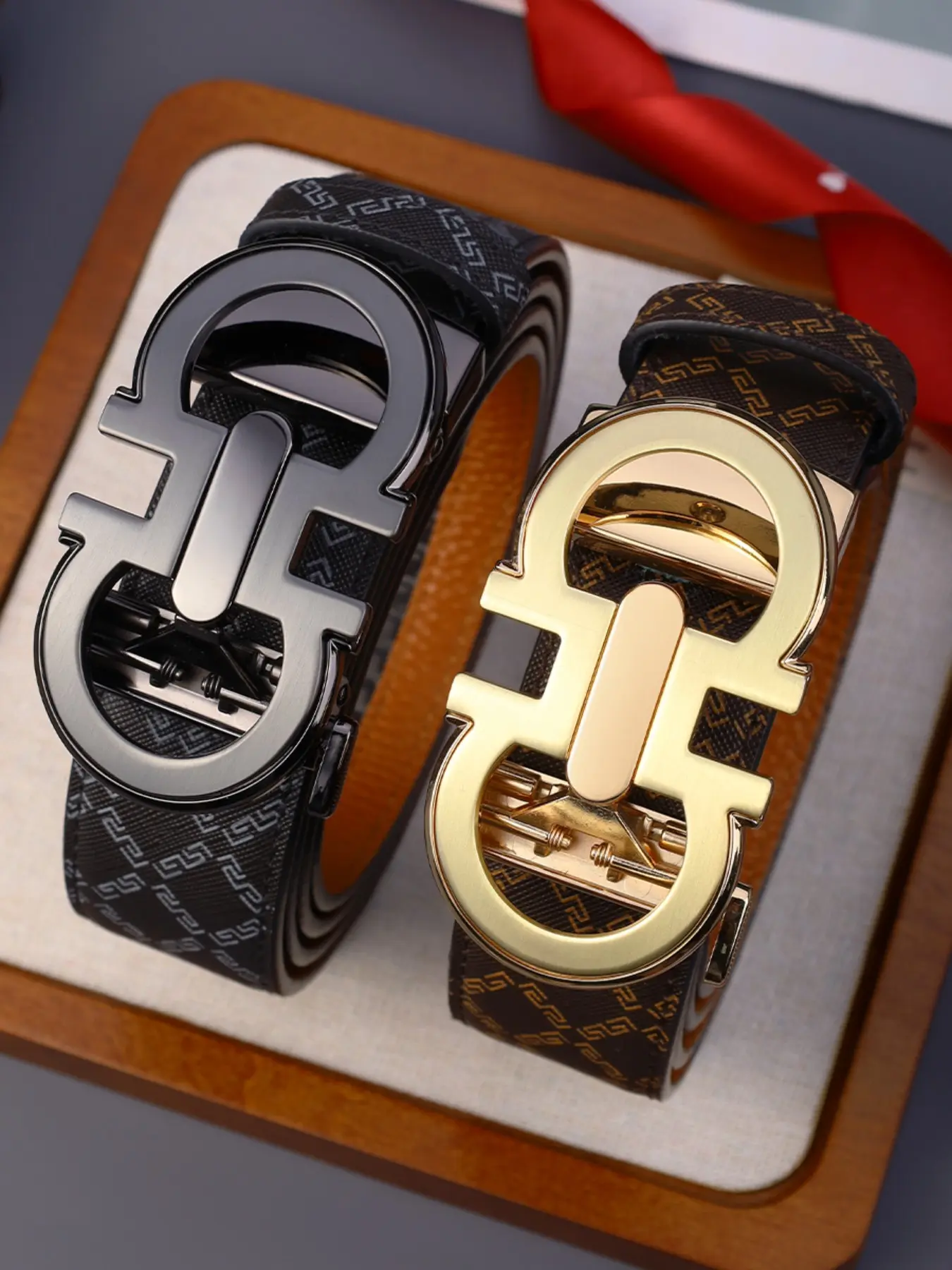 New Fashion Men's Belt Automatic Buckle Alloy Letter Buckle Business High-Quality Leather Belt, Geometric Pattern, All Seasons, Premium Belts