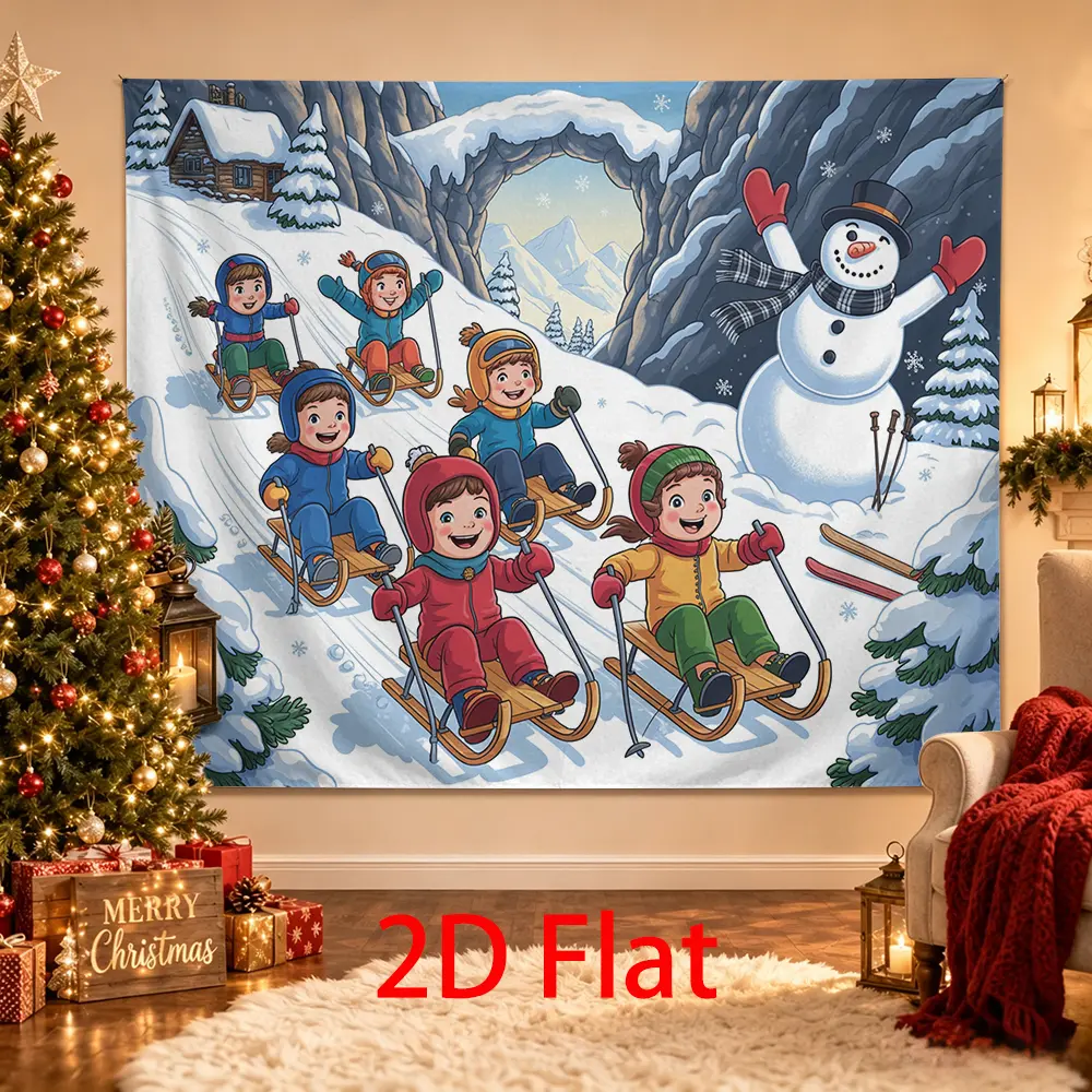 Winter Sledding Adventure Backdrop with Kids, Snowman and Snowy Mountain Arch
