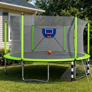 ARCH 16FT Outdoor Trampoline with Basketball Hoop, Soccer Goal, Pump, Ladder, Inner Safety Enclosure, Green Steel Frame, Kids Backyard Fun, PE UV-Protected Mat & Padding, W-Shape Legs, ASTM Certified, Green Color Options, Steel Material