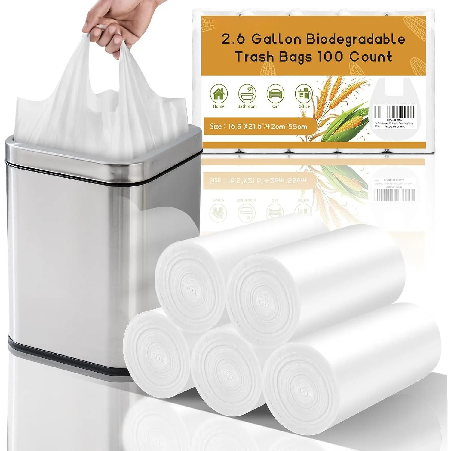 2.6 Gallon Small Trash Bags Bathroom With Handle 100 Count |  White Mini Garbage Bags 10 Liter,  Basket Liners For Kitchen Office  Unscented, Thick