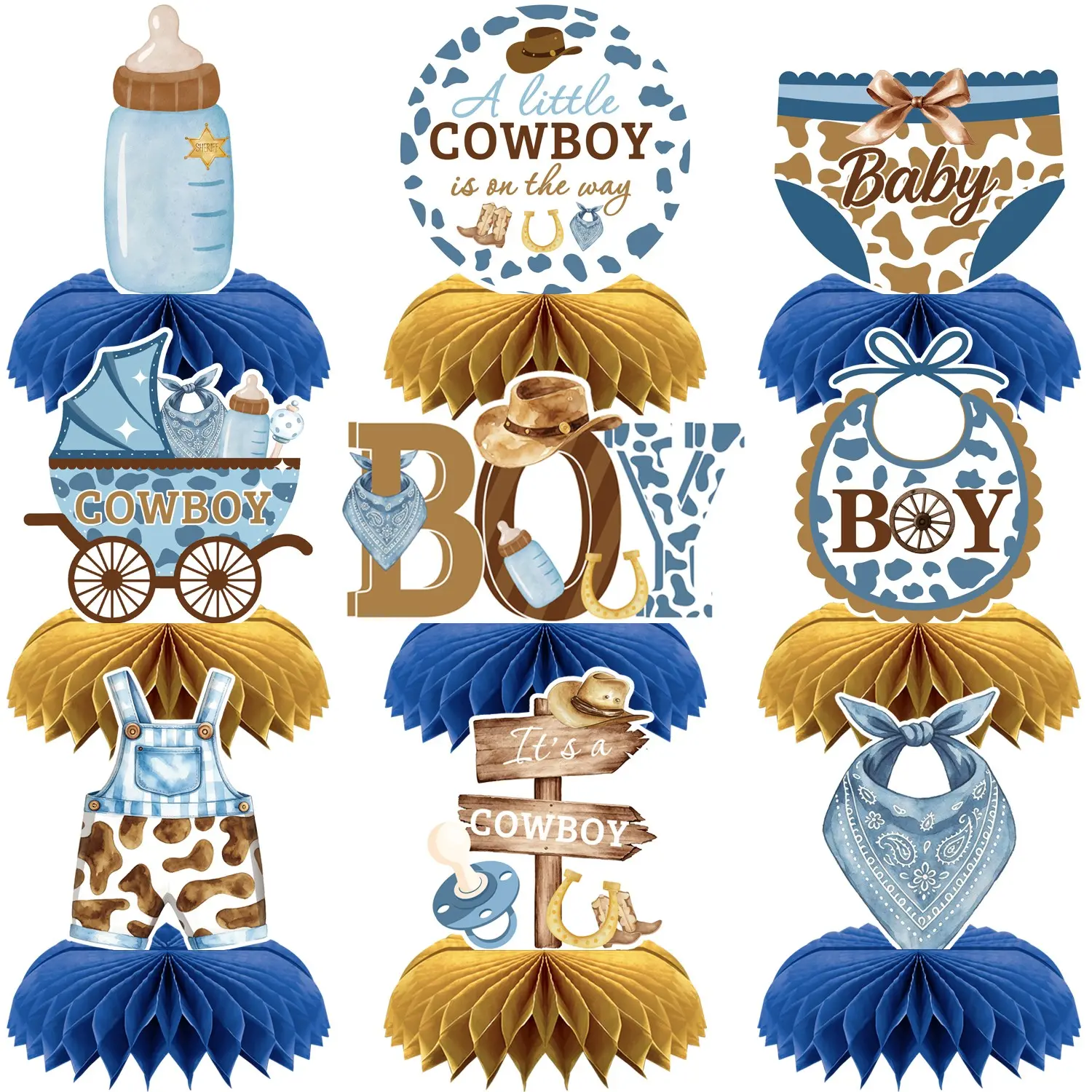 9-Piece Cowboy Baby Party Centerpiece Decor, Western Theme Table Decoration, Ideal for Boy's Birthday Parties, Dy2052 Model