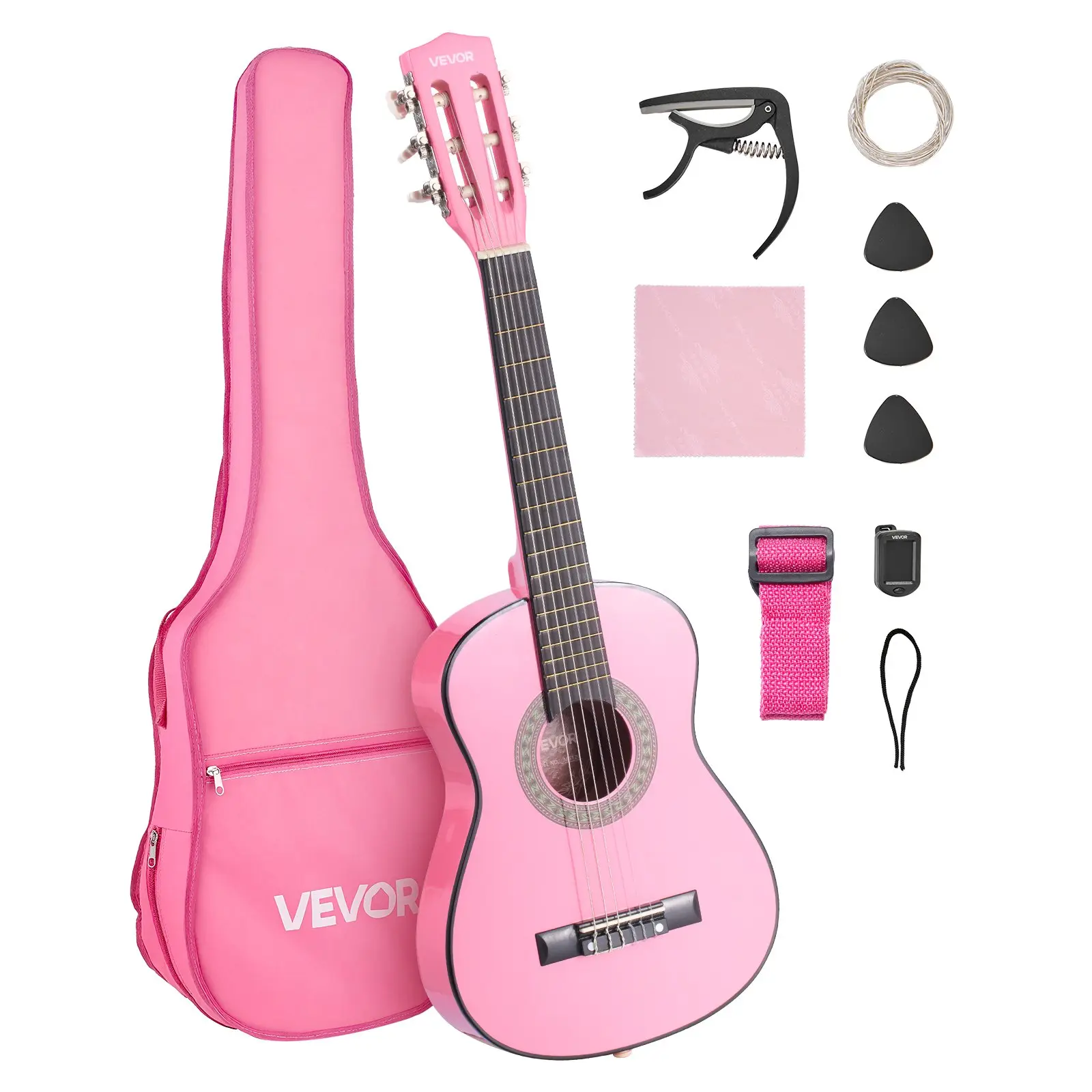 【DealsForYouDays】30-Inch Basswood Body Wood Classical Guitar Full Kit for Beginners, Nylon Strings, Gig Bag, Strap, Tuner, Extra Strings, Picks, Capo, for Kids Students, Pink