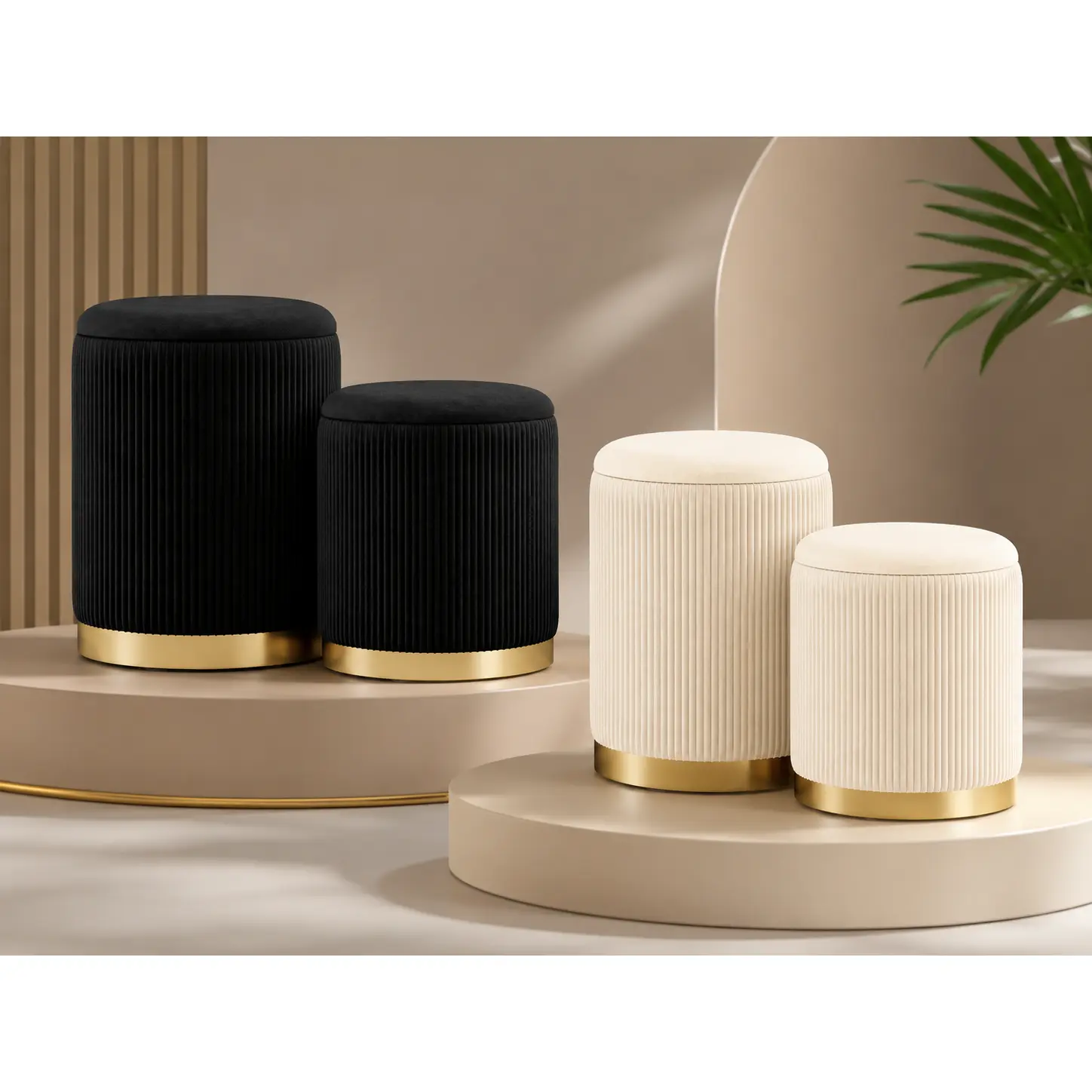 Modern Set Of 2 Round Velvet Storage Bench With Hidden Storage, Perfect For Living Room Decor