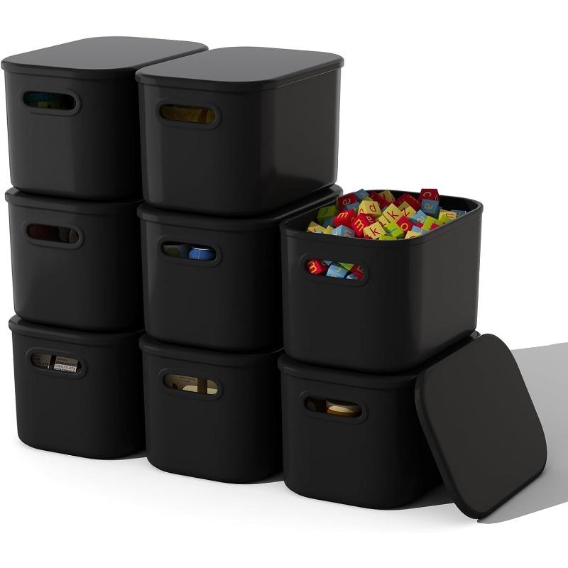 8 Pack Black Storage Bins with Lids Stackable Storage Container for Organizing Black Storage Boxes with Handle for Shelves Cute Organizer Bins for Craft Snacks 9.85x6.9x5.7 inch