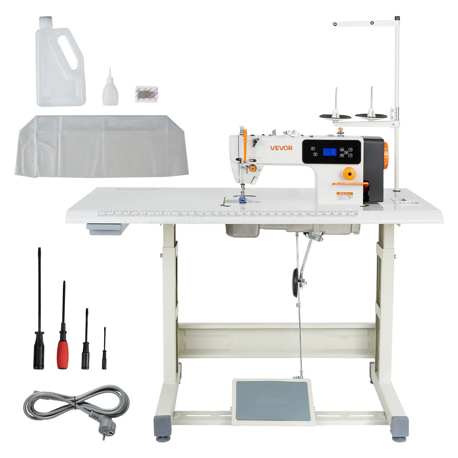 VEVOR Industrial Sewing Machine, 550W Lockstitch Sewing Machine Set with Servo Motor and Table Stand, Auto Thread Trimmer, 5000 SPM High Speed, Metal Frame, LCD Panel, LED Light, for Cotton, Denim, T