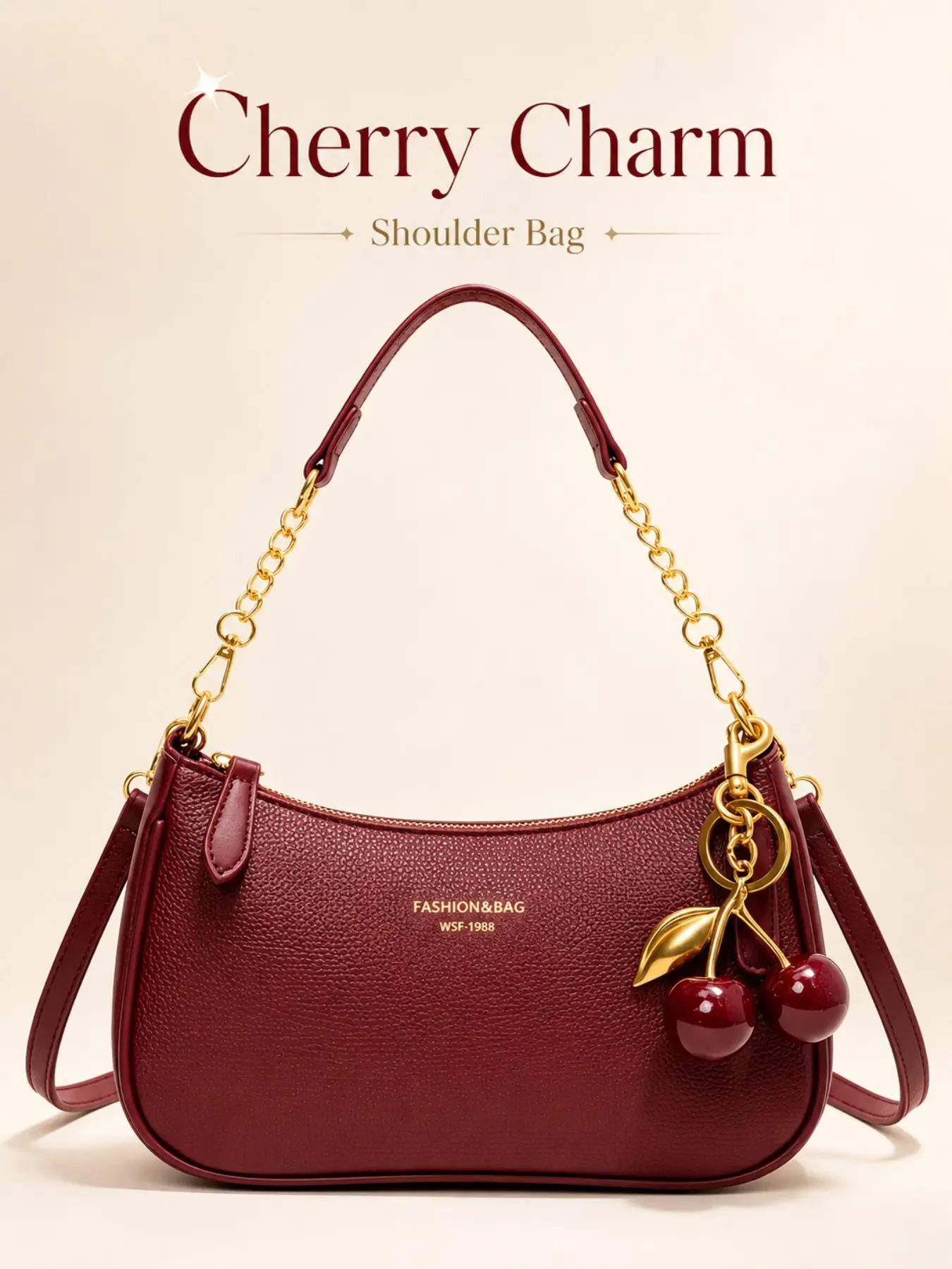 Women's Trendy Cherry Bag Charm Evening Shoulder Bag, Waterproof PU Leather Fashionable Versatile Baguette Purse, French Retro Printed Handbag with Chain Detail, Fashion Tote, Cute Aesthetic Everyday Bag for Work, Shopping, Travel, Date Night Gift