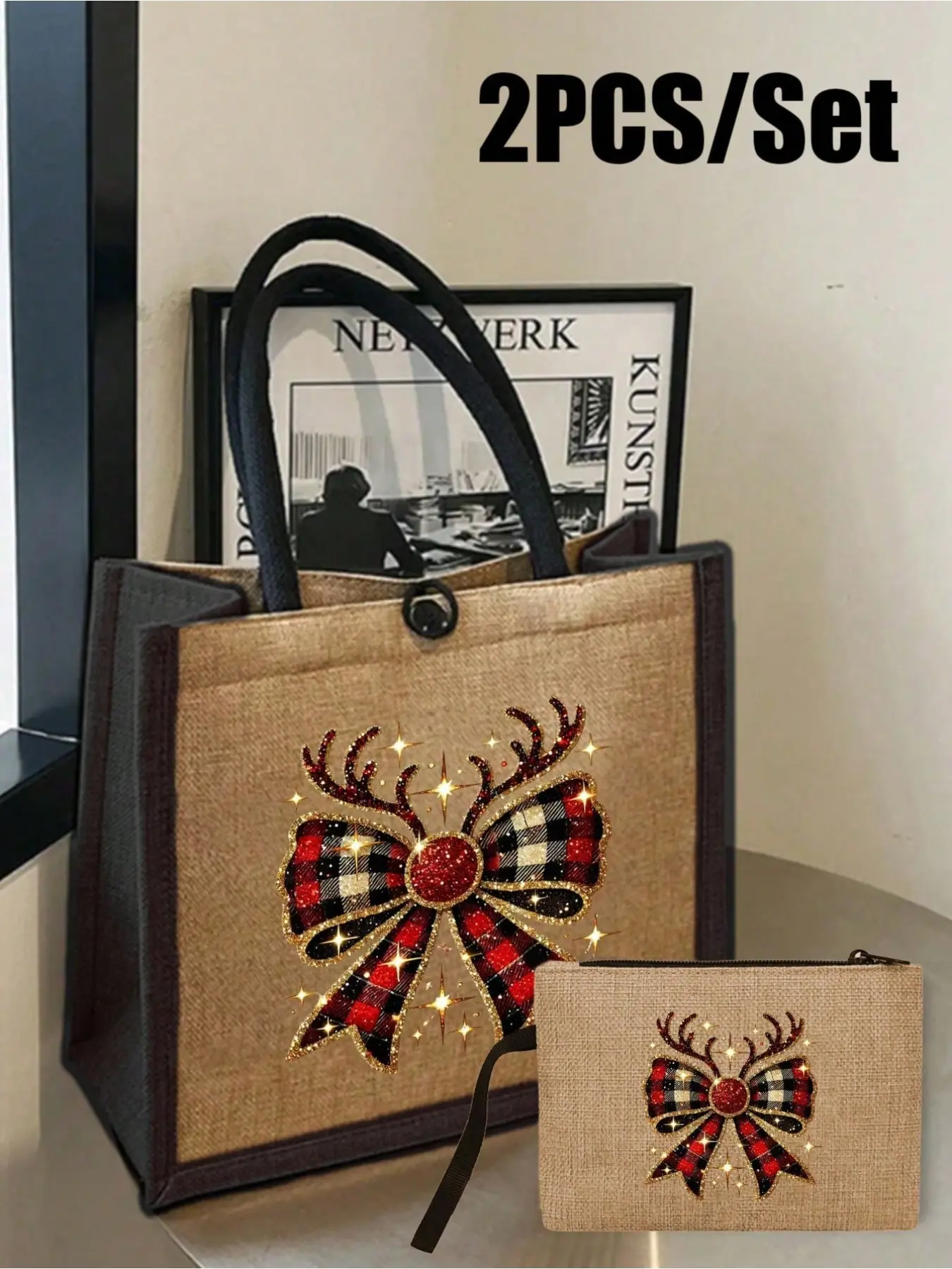 Christmas Bow Reindeer Print Handbag, Large Capacity, Unisex, Perfect Gift, Fashion Shoulder Bag, Ideal for Women, Graduation, Birthday, Thanksgiving