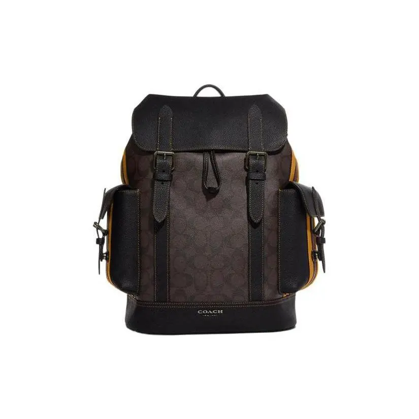 COACH Hudson 30 Flip-Top Drawstring Backpack for Men – Full-Grain Leather Detail, Mahogany and Golden Poinciana Color