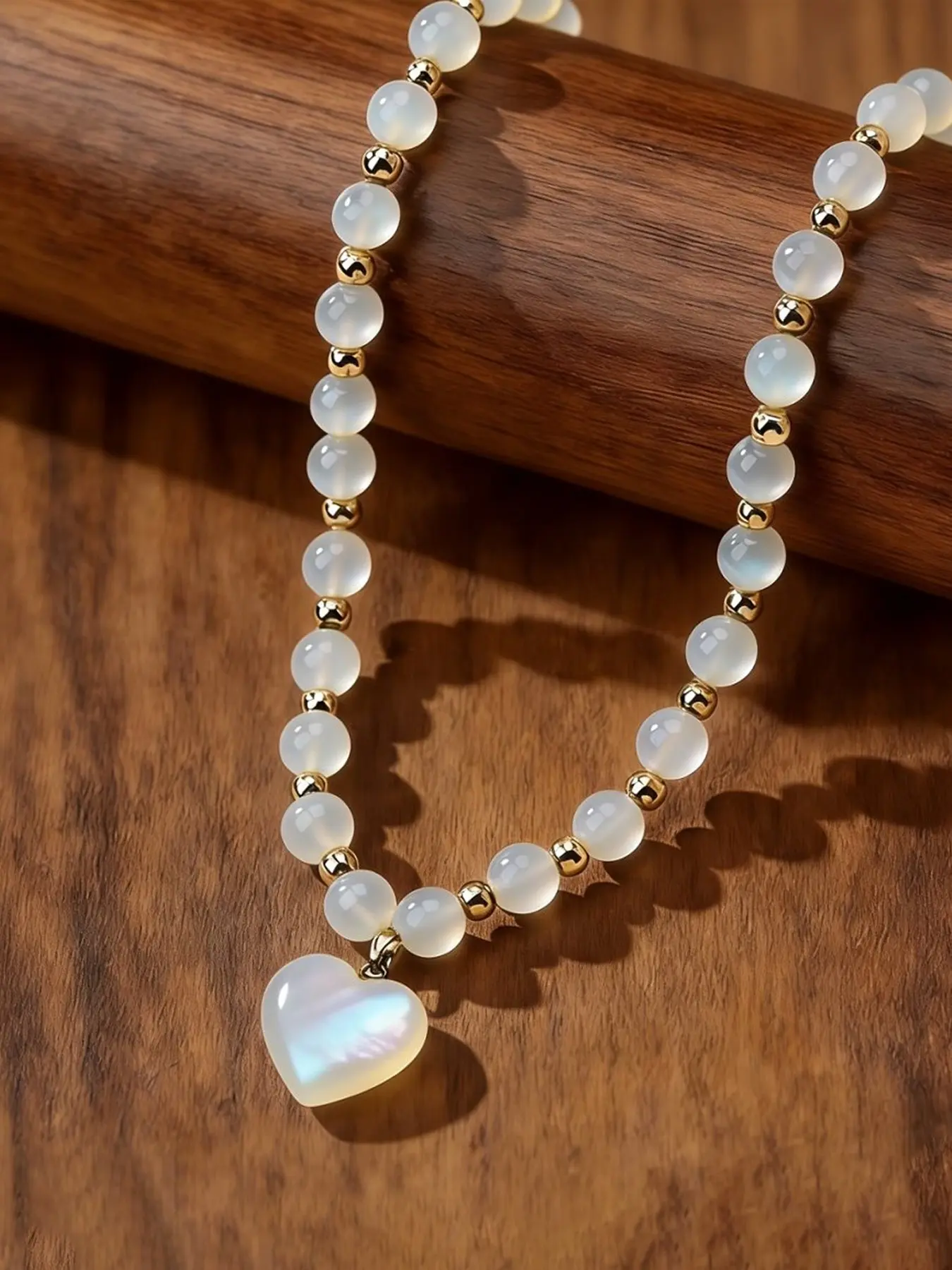 Vintage Moonstone Heart Pendant Necklace, Handmade Beaded Jewelry for Women, Elegant Party Wedding Holiday Accessory, Beaded Gemstone Necklace