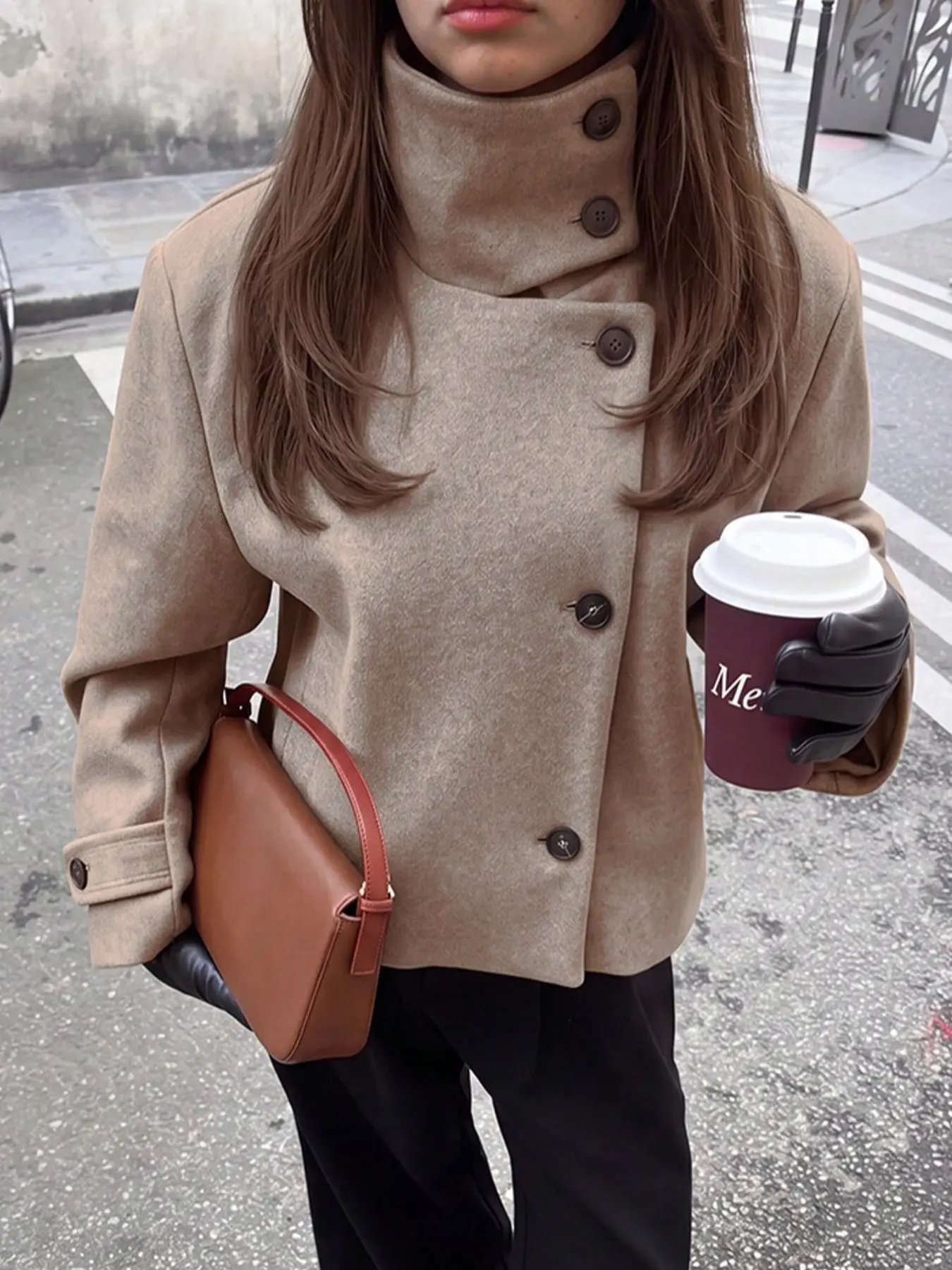 Women's Fall Winter Classic Soft Fleece High Neck Asymmetric Button Sleeve Outerwear, Perfect for Back-To-School, Halloween, Christmas, Office, Daily Wear