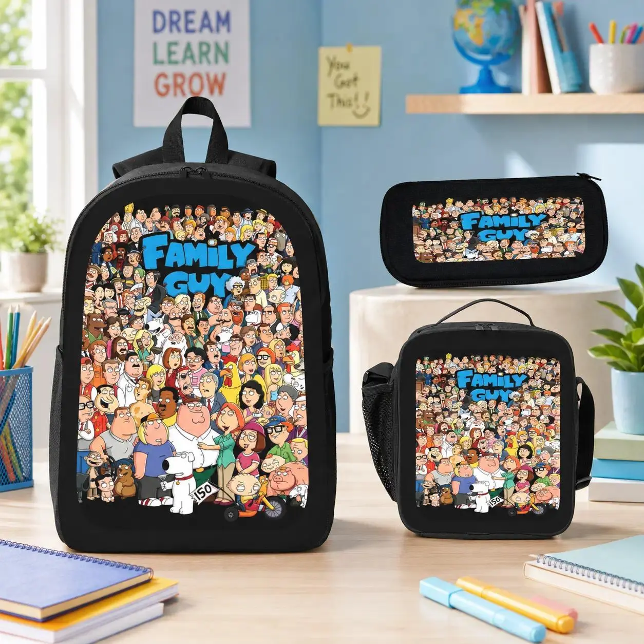 3-Piece Graphic Backpack Set for Boys & Girls, Cartoon Family Guy Character Collage Print with Lunch Bag & Pencil Case, Lightweight for School
