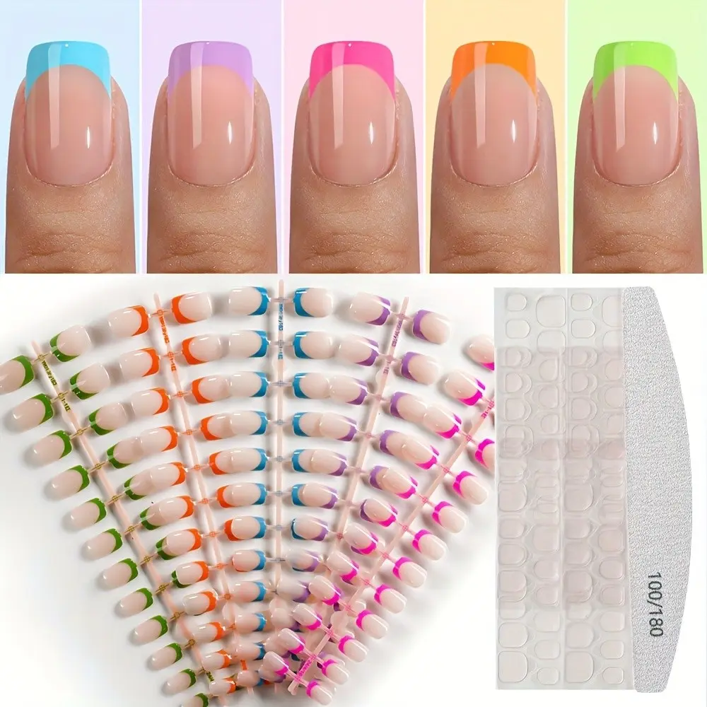 120pcs French Press-On Nails, Glossy Square Tips, Removable False Nails, Fake Nails Kit, Jelly Glue & File Included, Perfect for Women's Events & Daily Wear