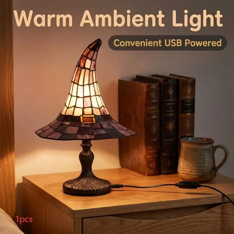 Handmade Colorful Glass Witch Hat Lamp, USB Powered Gothic Witch Hat Light, Vintage Resin Decorative Lamp, Halloween, Home & Room Decoration, Electronic Lights