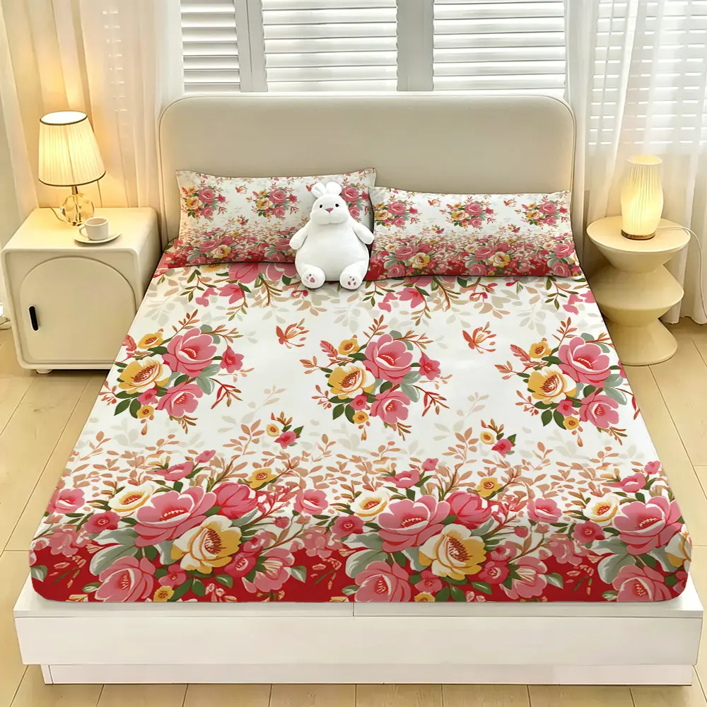 A 3-piece digital printed bedspread set with a pink floral pattern, Printed Bedding Set. The set includes 1 bedspread and 2 pillowcases. It's coreless, featuring a soft and comfortable bedspread with a deep pocket design, making it an ideal gift choice.