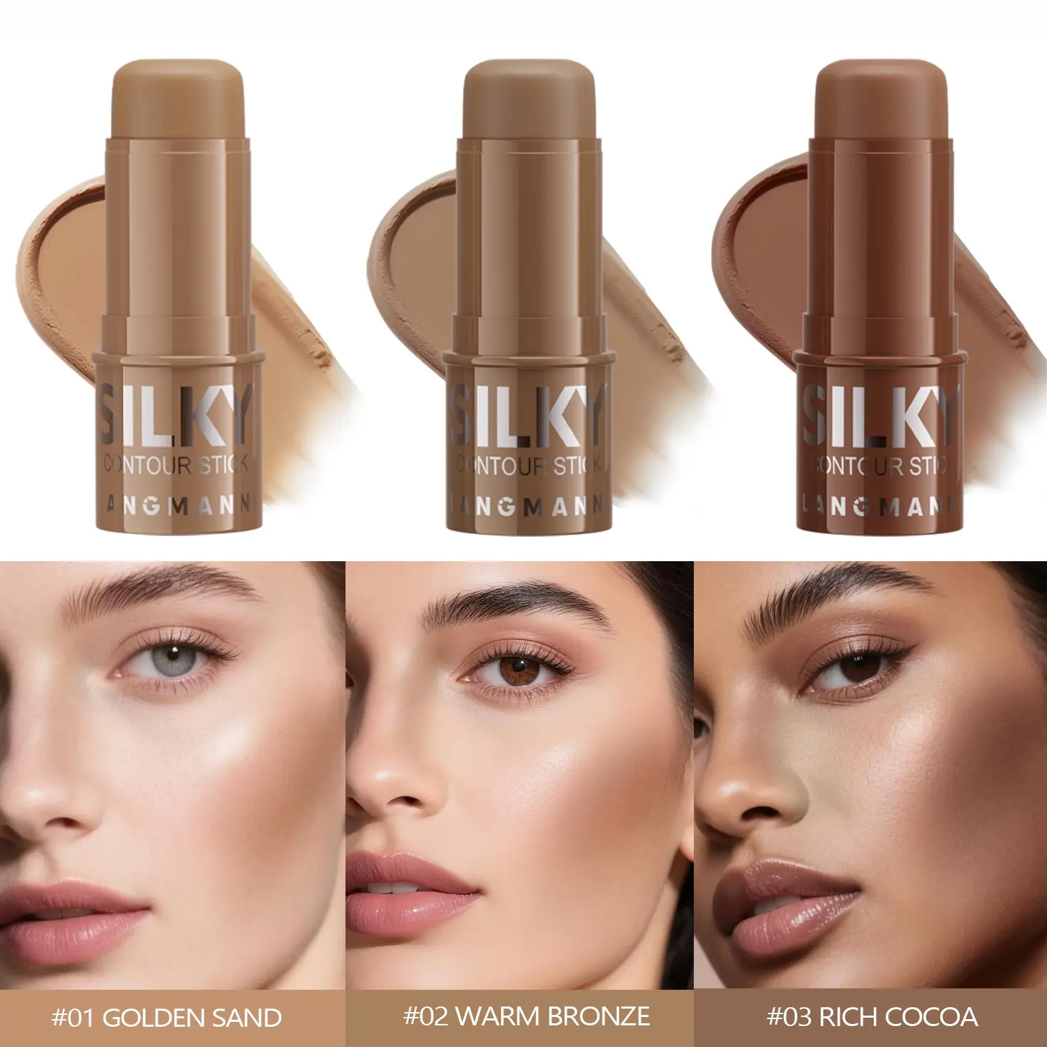 Langmanni Three-Color Contour Stick Set, Smooth and Blendable Facial Sculpting, Ideal for Cheeks, Nose Sides, and Jawline