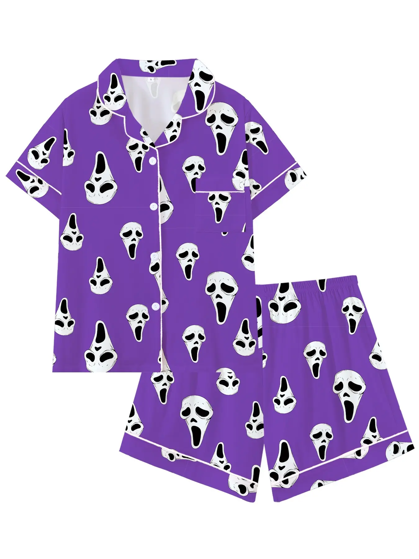 Halloween Skull Print Women's Pajama Set, Fashion Casual Cool Home Wear, Nightwear, Short Sleeve Shorts, Spring & Fall Loose-Fitting