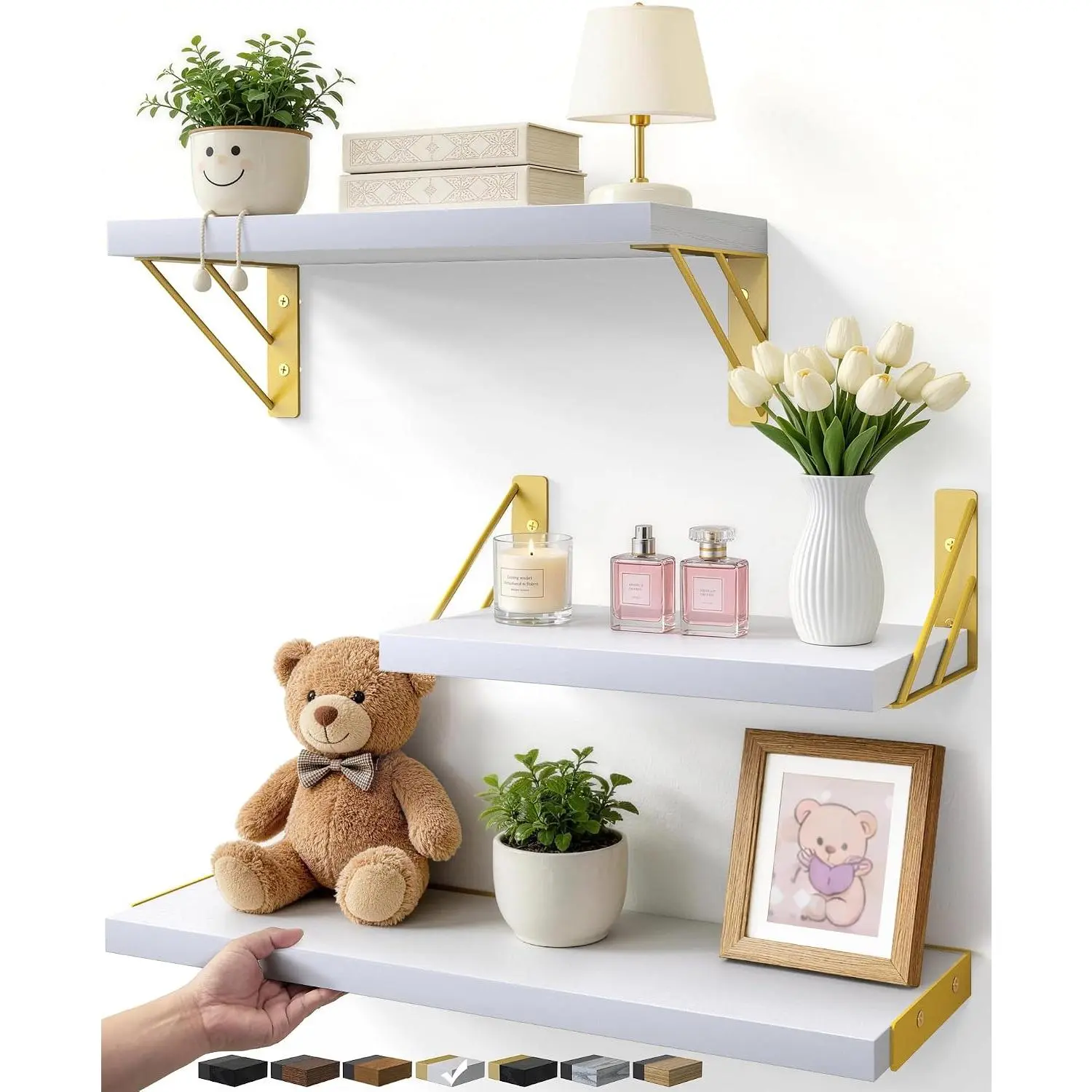 Wall Shelves for Bedroom Decor, Floating Wall Shelves for Living Room Kitchen Storage, Wall Mounted Rustic  Shelves for  Books,Corner Shelves for Bathroom(White and ,Set of 3)