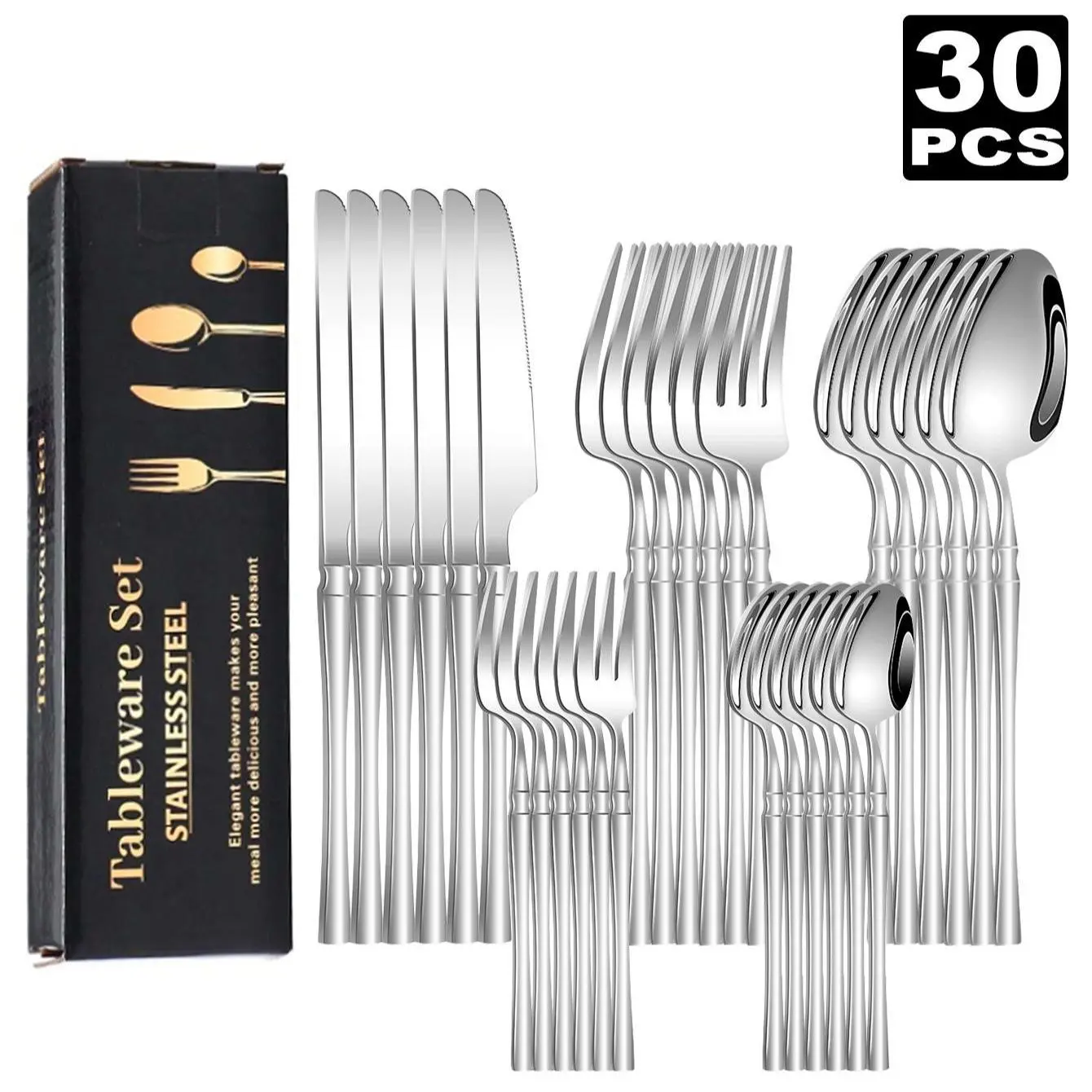 6-Person 30-Piece Stainless Steel Tableware Set - Mirror-Polished Knives, Forks, Spoons, Teaspoons, Dessert Forks, Sturdy Smooth-Curve Metal Utensils, Stylish Modern Dishwasher-Safe Party-Ready Kitchen Essentials