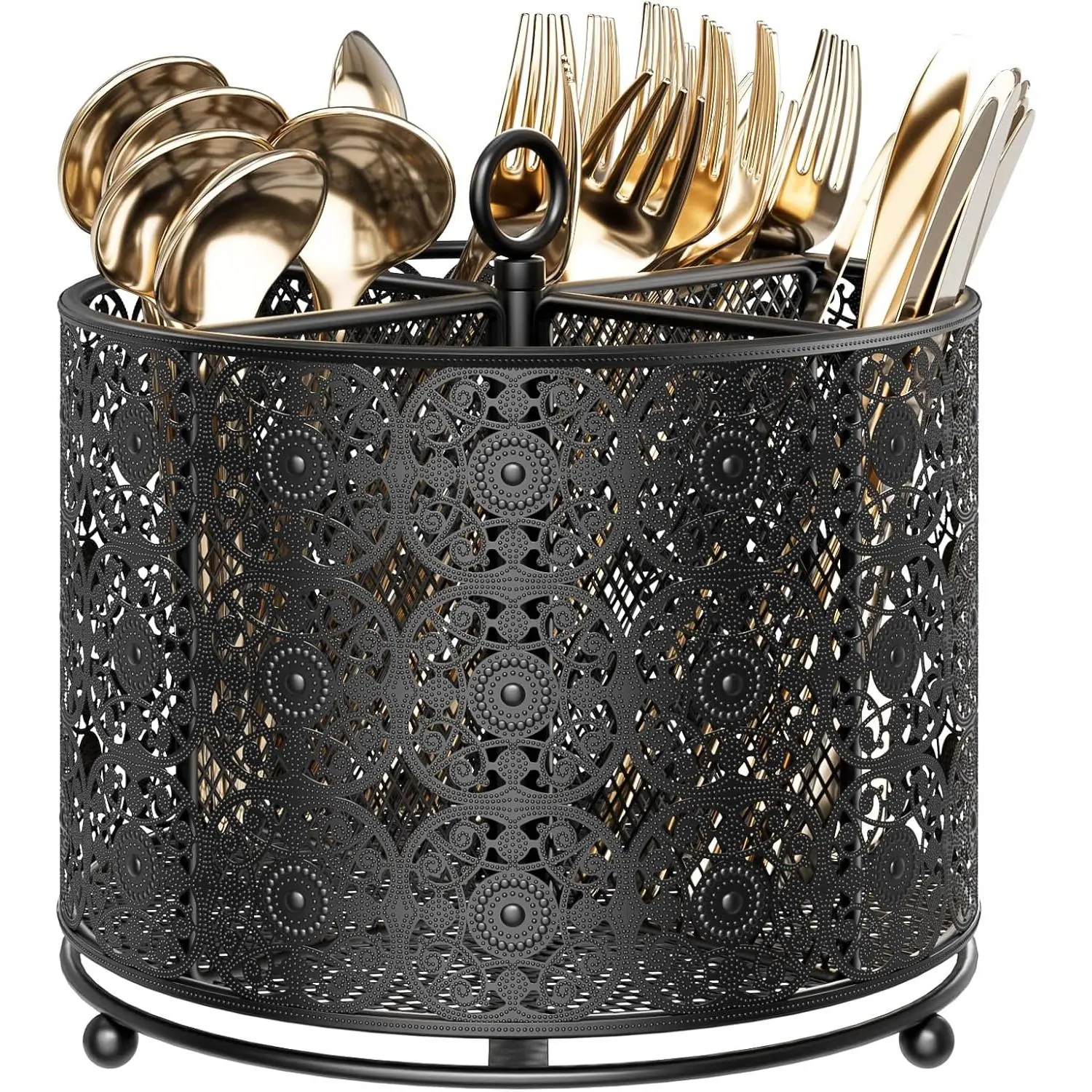 Black Modern 360° Rotating 4-Compartment Utensil Caddy Countertop - Metal Cutlery Storage Holder with Higher Raised Design, Handle for Kitchen Counter, Party