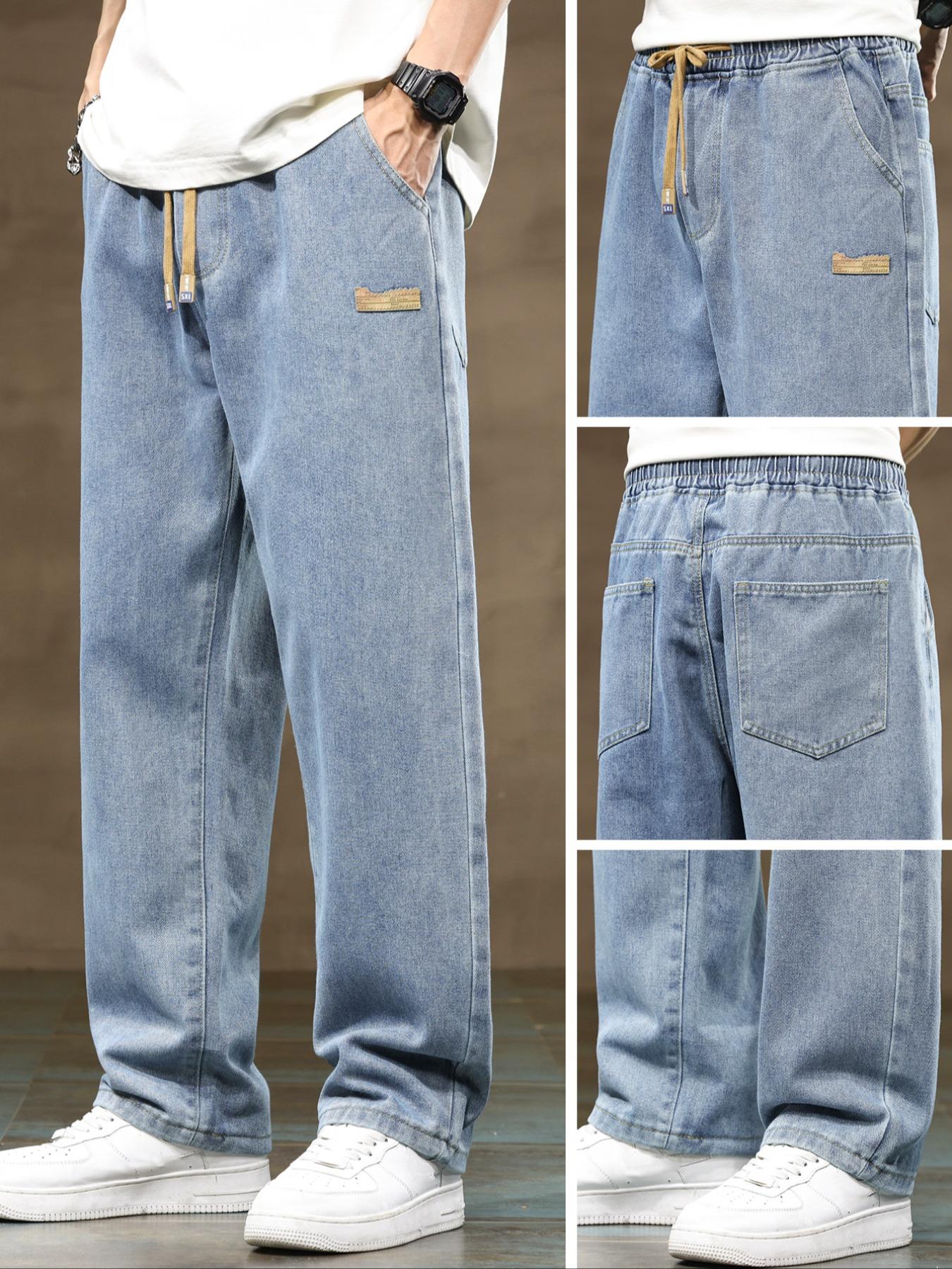 Men's drawstring elastic waist straight leg jeans, solid color casual versatile non stretch denim pants, fit straight leg version, suitable for all seasons