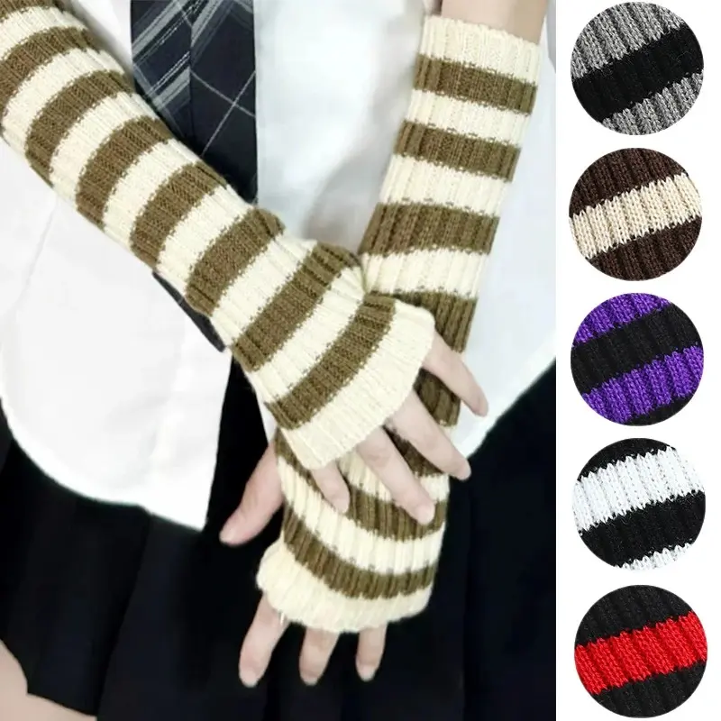 Women's Knitted Fingerless Arm Sleeves, Gothic Striped Arm Warmers, Long Y2K Harajuku Fashion Gloves for Girls, Cozy Wrist Accessories for Fall Winter, Streetwear, Cosplay, Festival & Daily Wear