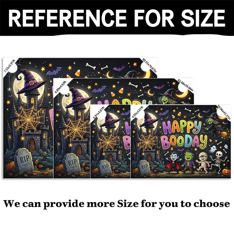 Happy Booday Halloween Backdrop with Haunted Castle, Witch, Vampire, Frankenstein, Mummy, Skeleton, Ghost Patterns, Ideal as Photography Background, Party Backdrop, Photo Booth Background, Studio Backdrop, Video Background, Haunted House Backdrop, Window