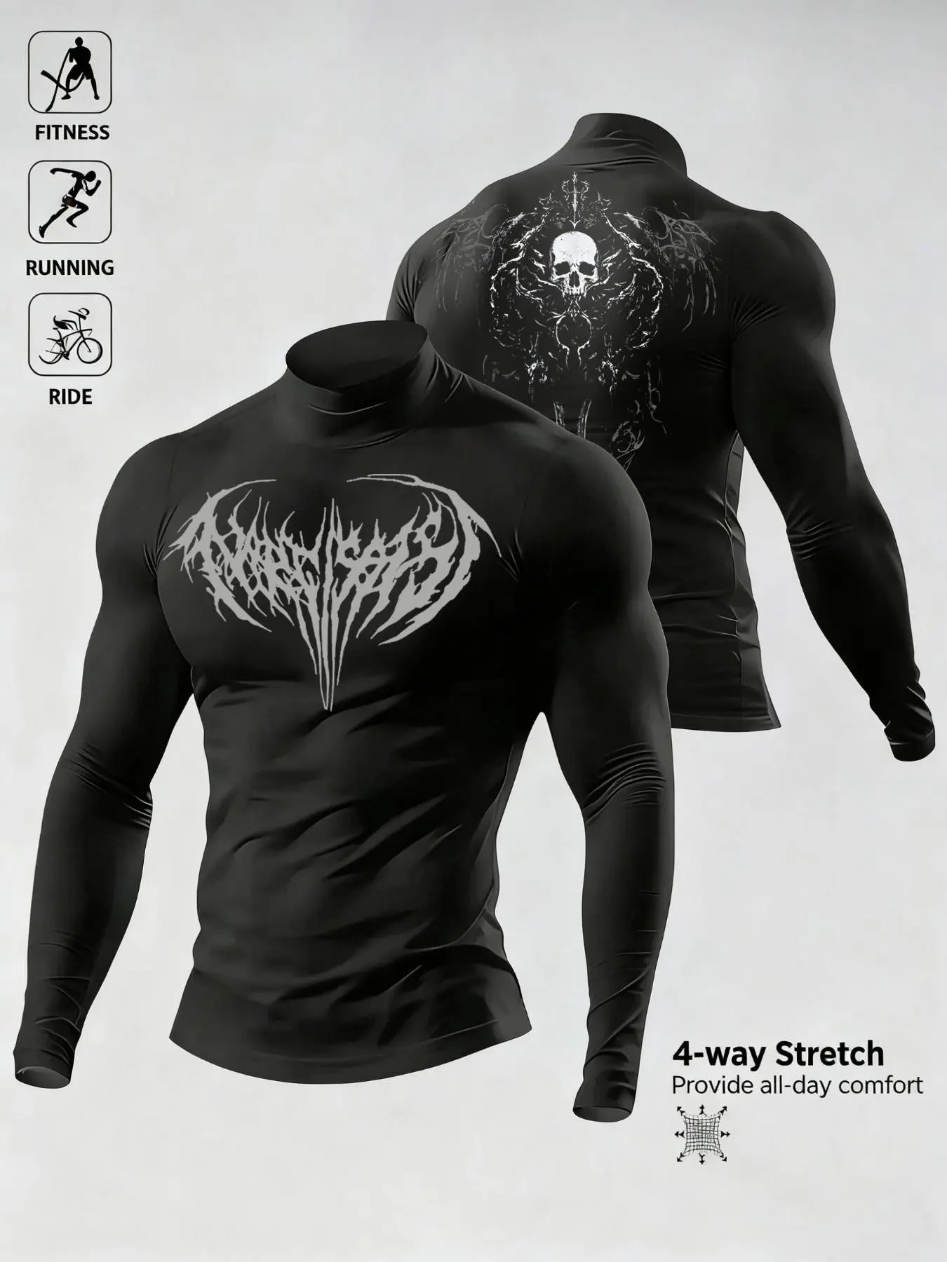 Men’s high-elasticity, tailored sports top with a dark, skull-and-crossbones print design, snug adaptation, long sleeves for fitness activities. European and American style, stylish, dark, wind-resistant, breathable, compression sportswear suitable for va