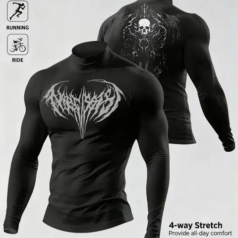 Men's high-elasticity, tailored sports top with a dark, skull-and-crossbones print design, snug fit, long sleeves for fitness activities, wind-resistant, breathable, compression sportswear, Athletic Sports Top Workout Gym Top