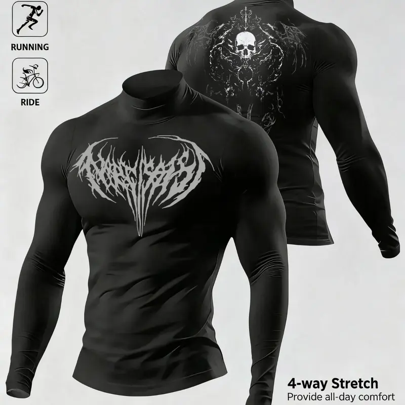 Men's high-elasticity, tailored sports top with a dark, skull-and-crossbones print design, snug fit, long sleeves for fitness activities, wind-resistant, breathable, compression sportswear, Athletic Sports Top Workout Gym Top