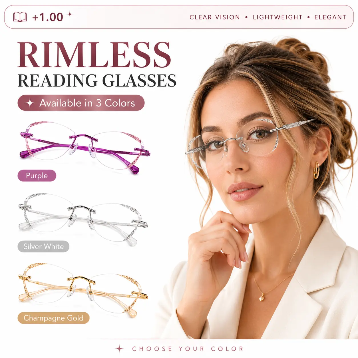 Sparkly Rimless Reading Glasses for Women, Fixed +1.00 Blue Light Filtering Readers with Lightweight Metal Frame for Reading, Office & Screen Time modern trendy