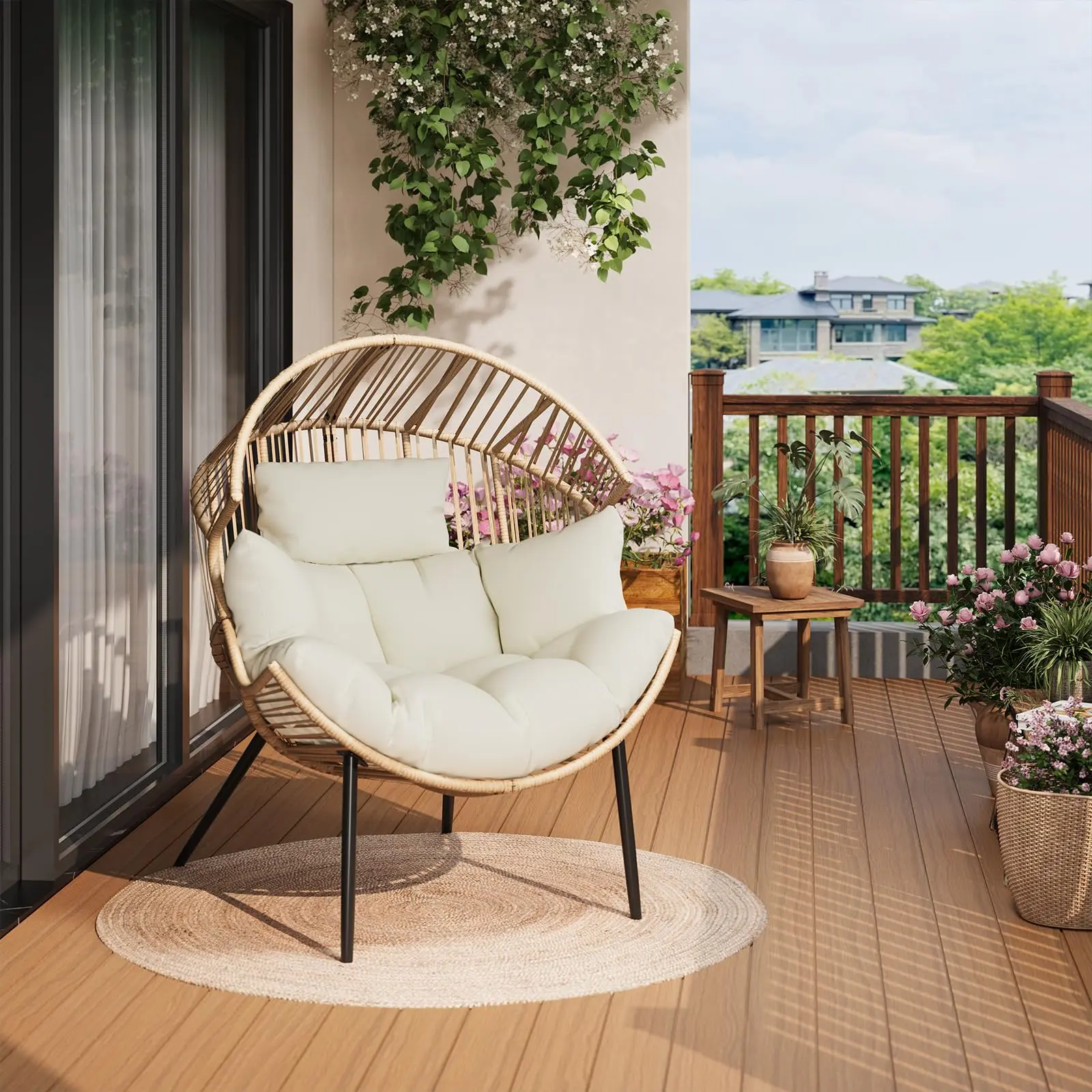 Modern Indoor Outdoor Rattan Egg Swing Chair Natural Rattan Frame Oversized Lounge Seat With Extra Thick Cream Cushion And Pillow Multi Use Furniture For Garden Balcony Living Room