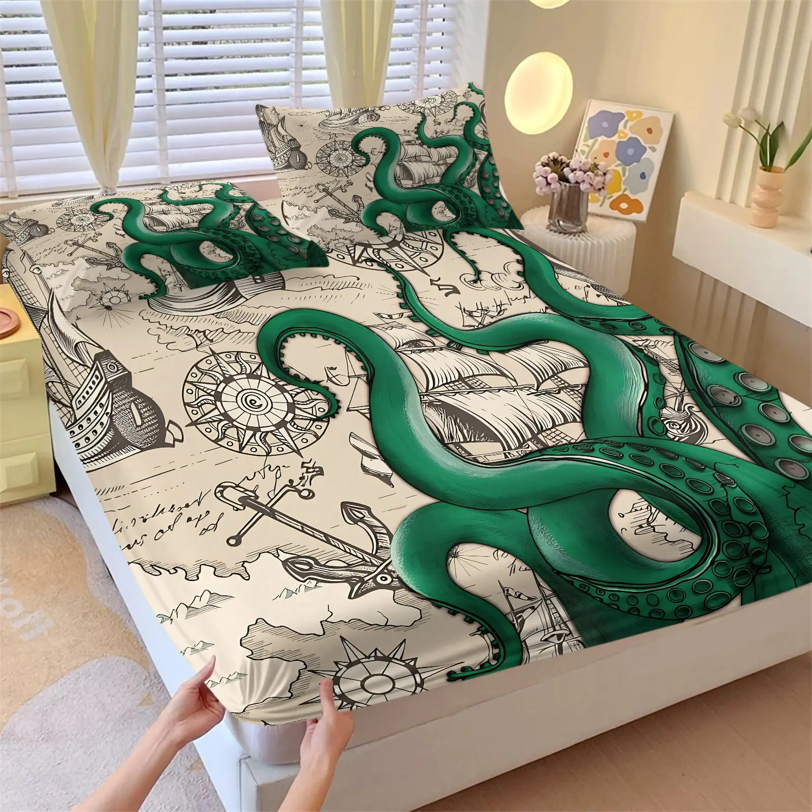 3PCS Vintage Octopus Nautical Fitted Sheet Set (1 Fitted Sheet + 2 Pillowcases),Soft Breathable Fabric,Deep Pocket Anti-Slip Full Wrap,HD Vivid Digital Print,Kraken Pirate Ocean Bedding For Bedroom, Dorm & Guest Room