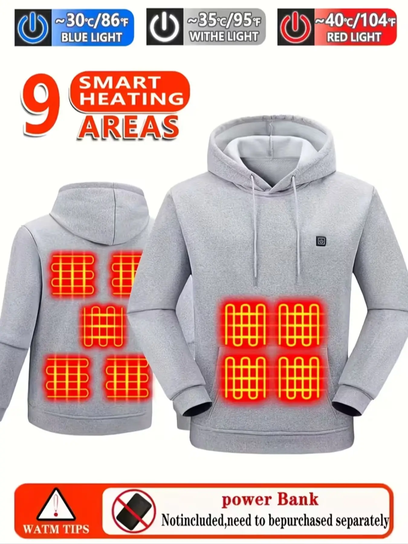 9-Zone Heating Hoodie with 9 Heaters - Fast USB Charging, Smart Electric Heating, Adjustable Temperature Settings, Kangaroo Pocket, Regular Fit Casual Winter Hoodie for Men, Solid Color, Non-Stretch Fabric, Drawstring Hood, Winter Hoodie, Outdoor Activiti