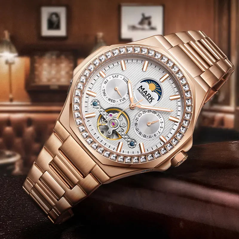 Mark Fairwhale Men Automatic Mechanical Fashion Transparent Case Back Moon Phase Business 6740 Watch For Men