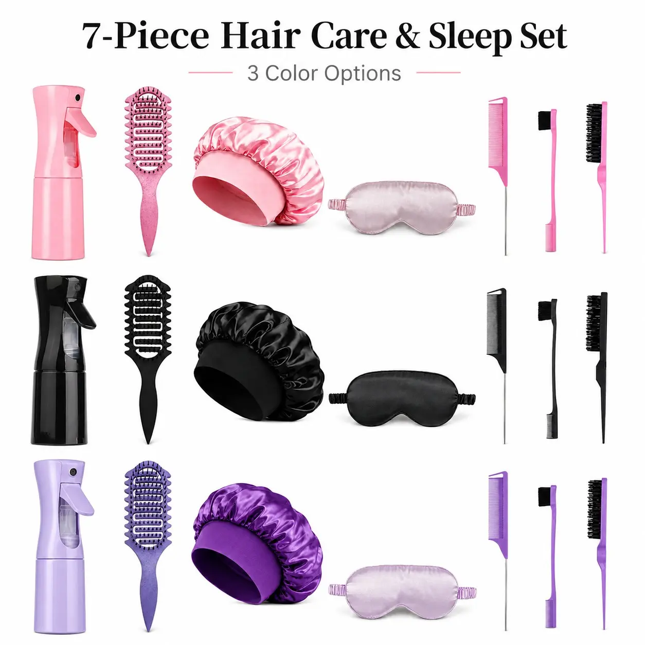 5/7-Piece Hair Care & Styling Set with Mist Spray Bottle, Detangling Brush, Satin Bonnet, Sleep Mask, Edge Brush, Rat Tail Comb & Teasing Brush for Daily Styling, Curly Hair, Baby Hair & Overnight Hair Care