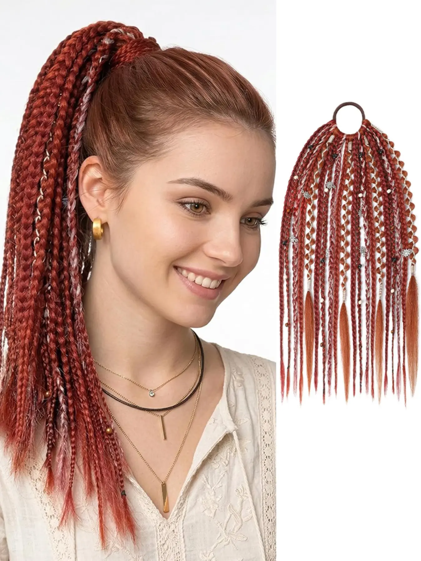 16 Inch Lightweight Boho Braided Dreadlock Ponytail Extension, Viking Style Braid with Hair Tie, Beads Shells Decor, Festival Hair Accessory, Synthetic Hair Extension, Braids Ponytail Extension, Synthetic Hairpieces