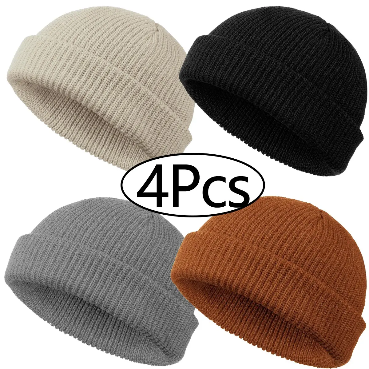 4 Pcs  Unisex Trawler Beanie Watch Hat Roll-up Edge Skullcap Fisherman Beanie for Women Men