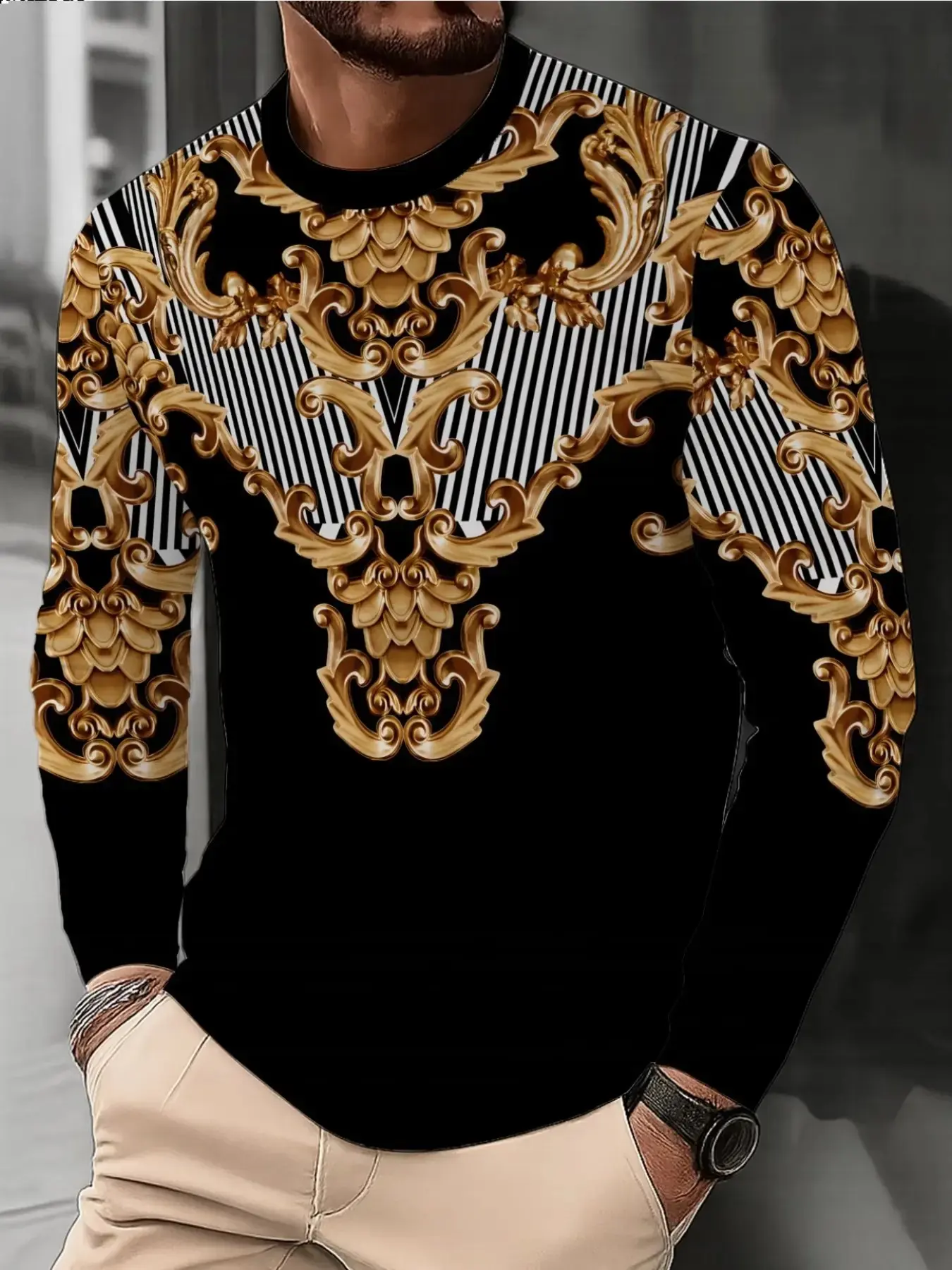 Men's European Style Gold Baroque Print Long Sleeve T-Shirt, Luxury Court Vintage Round Neck Slim Fit Casual Top, Spring & Fall Wear