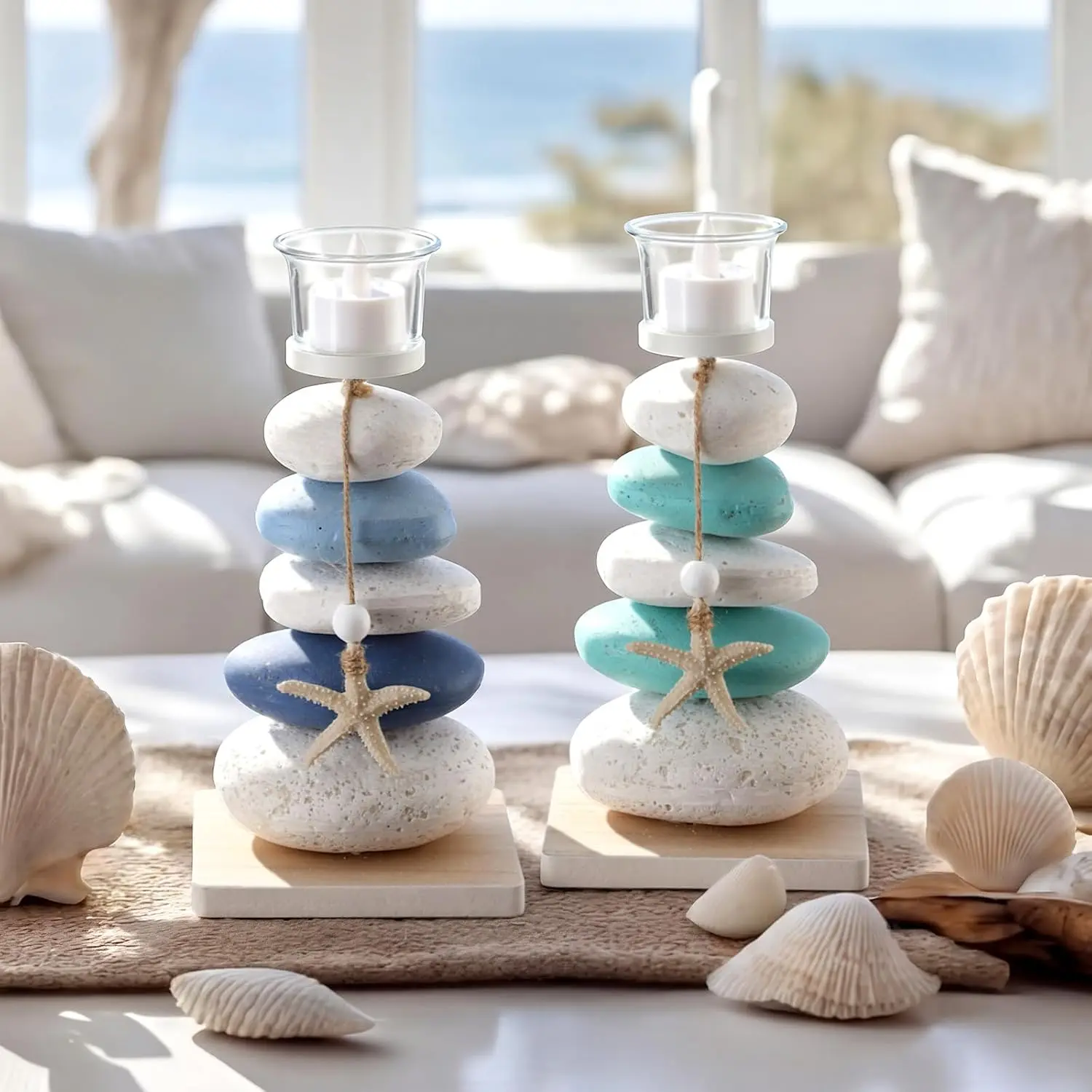 2 count  Coastal Candle Holder with  Stone Starfish, Stone Candle Holder Blue Teal  Theme Drift Bottle Design Nautical Rustic Decor for  Bathroom Table Centerpiece