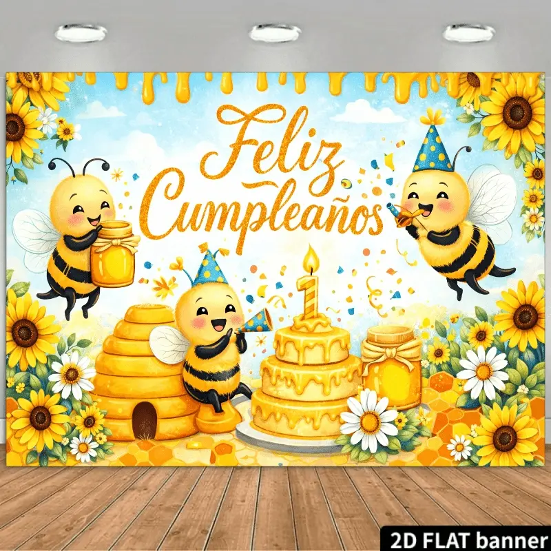 Bee Garden Birthday Banner, Cute Cartoon Bees and Sunflower Theme, Feliz Cumpleaños Decor, Happy Birthday Decorations, Kids Party, Summer Festival, Photo Background