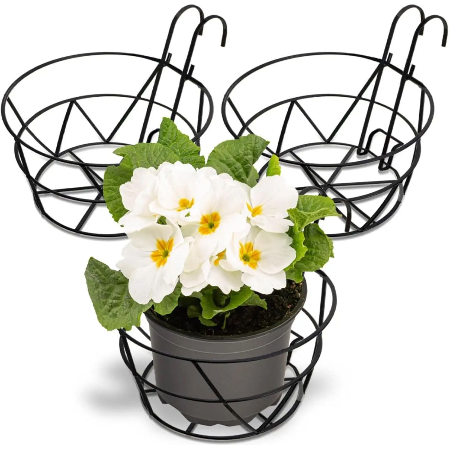 3 Pack Railing Planter Holders, 10'' Round Iron Hanging Fence Pot Basket, Over The Rail Indoor Outdoor Plant Hanger Rack, Black Balcony Flower Stand Shelf for Porch, Railing, Patio, Garden