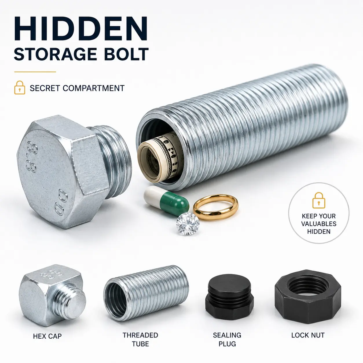 Flashtik Hidden Storage Bolt Secret Compartment, Realistic Metal Screw Safe, 5.5cm Discreet Stash Container for Cash, Jewelry, Small Valuables