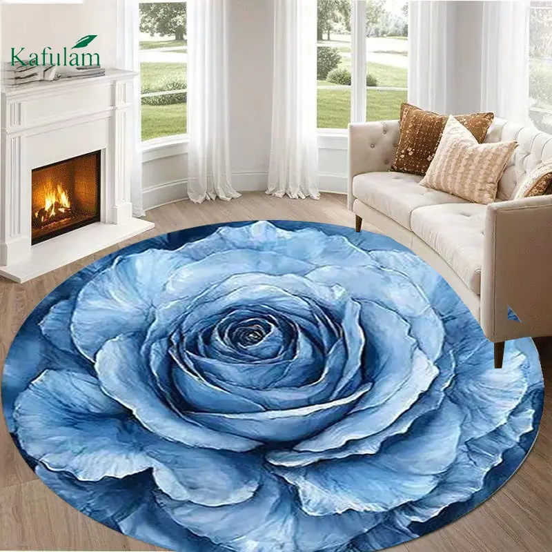 A High-quality Flannel Round Rug with a Blue Rose Pattern, 10mm Thickness  Suitable for Living Rooms, Studies, Balconies, Courtyards, Gaming Rooms, and Conference Rooms. Lightweight, with a Plastic-dotted Base and Machine-washable, Flower Area Rugs