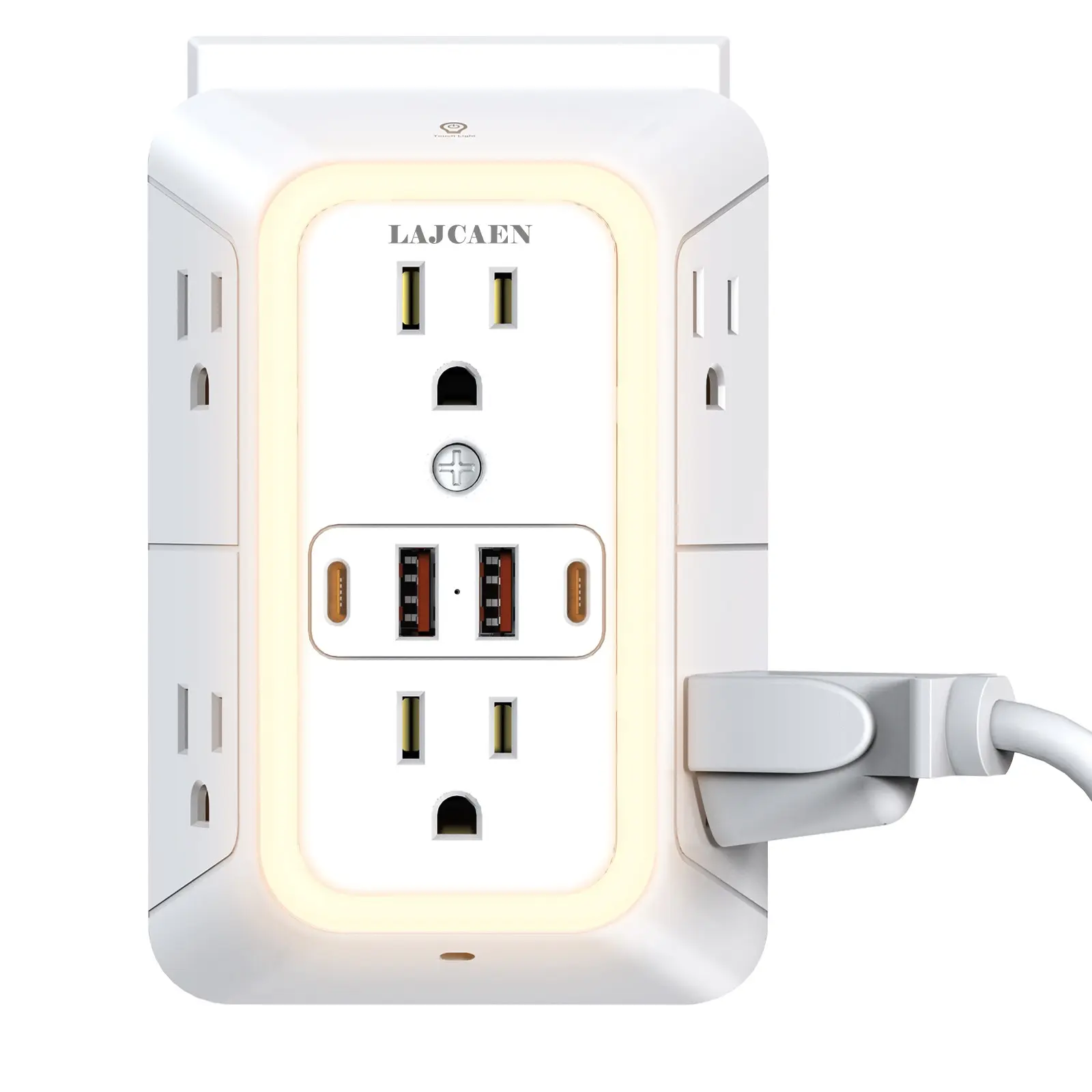 6-Outlet Wall Mounted Surge Protector Wall Outlet Extender, Wall Socket Extender with 4 USB Ports, Night Light & Touch Control Switch, Wide-Spaced Power Strip for Home Office, Power Outlets Strip